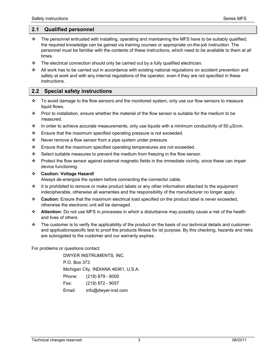 1 qualified personnel, 2 special safety instructions, Qualified personnel | Special safety instructions | Dwyer MFS User Manual | Page 3 / 8