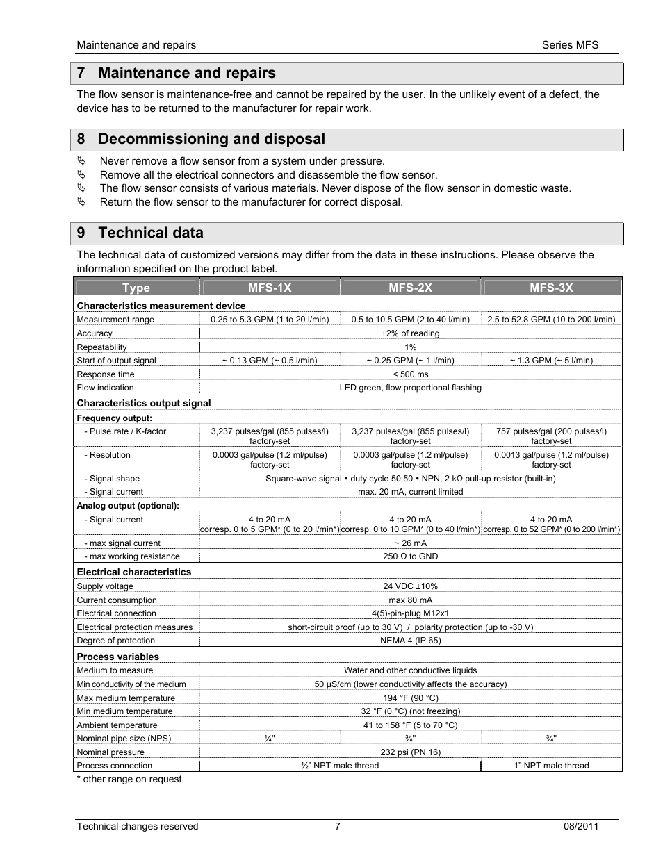 7 maintenance and repairs, 8 decommissioning and disposal, 9 technical data | Maintenance and repairs, Decommissioning and disposal, Technical data, Type mfs-1x mfs-2x mfs-3x | Dwyer MFS User Manual | Page 7 / 8