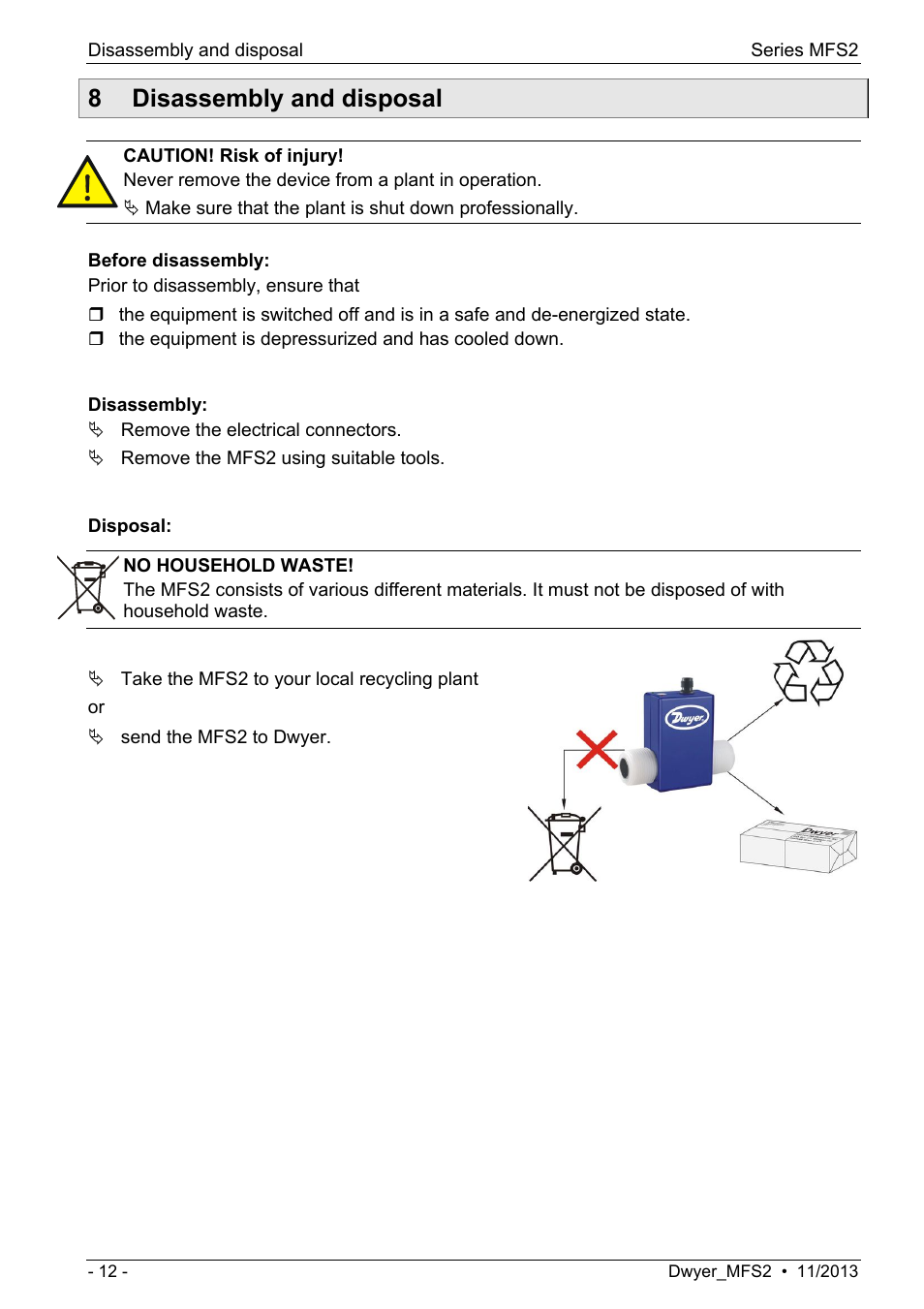 8 disassembly and disposal | Dwyer MFS2 User Manual | Page 12 / 16