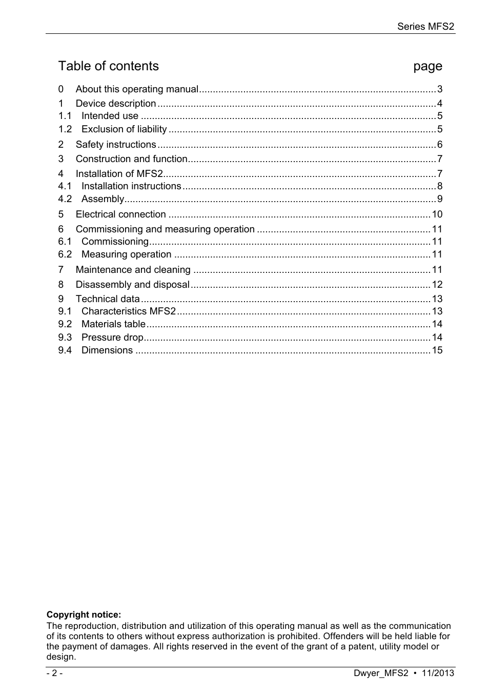 Series mfs2, Magnetic inductive flow sensor, Table of contents page | Dwyer MFS2 User Manual | Page 2 / 16