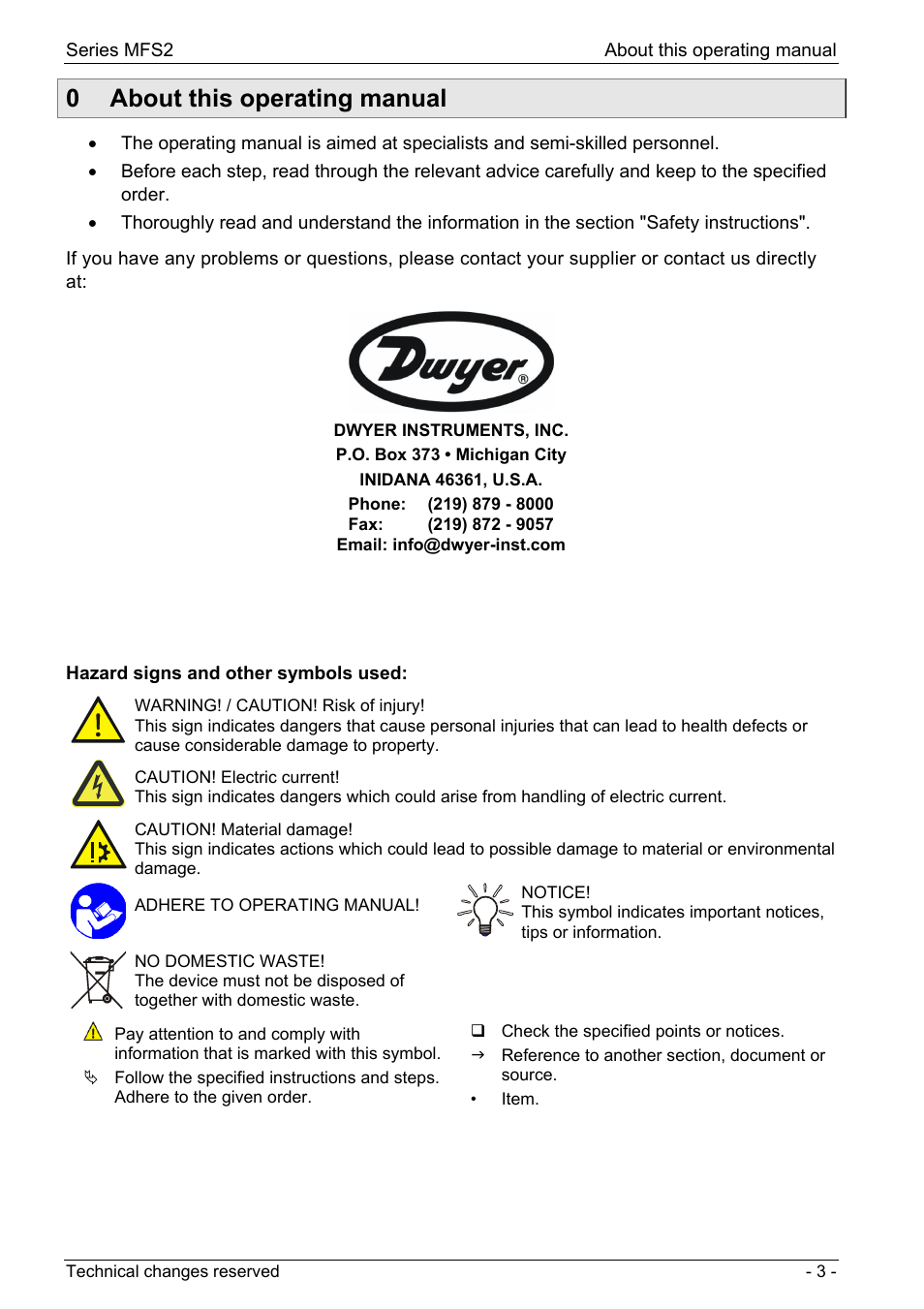 0 about this operating manual | Dwyer MFS2 User Manual | Page 3 / 16