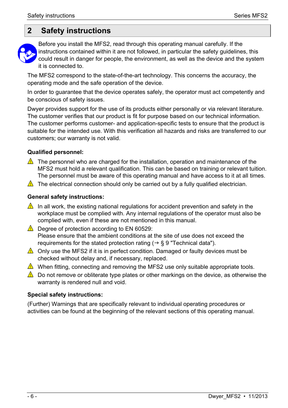 2 safety instructions | Dwyer MFS2 User Manual | Page 6 / 16