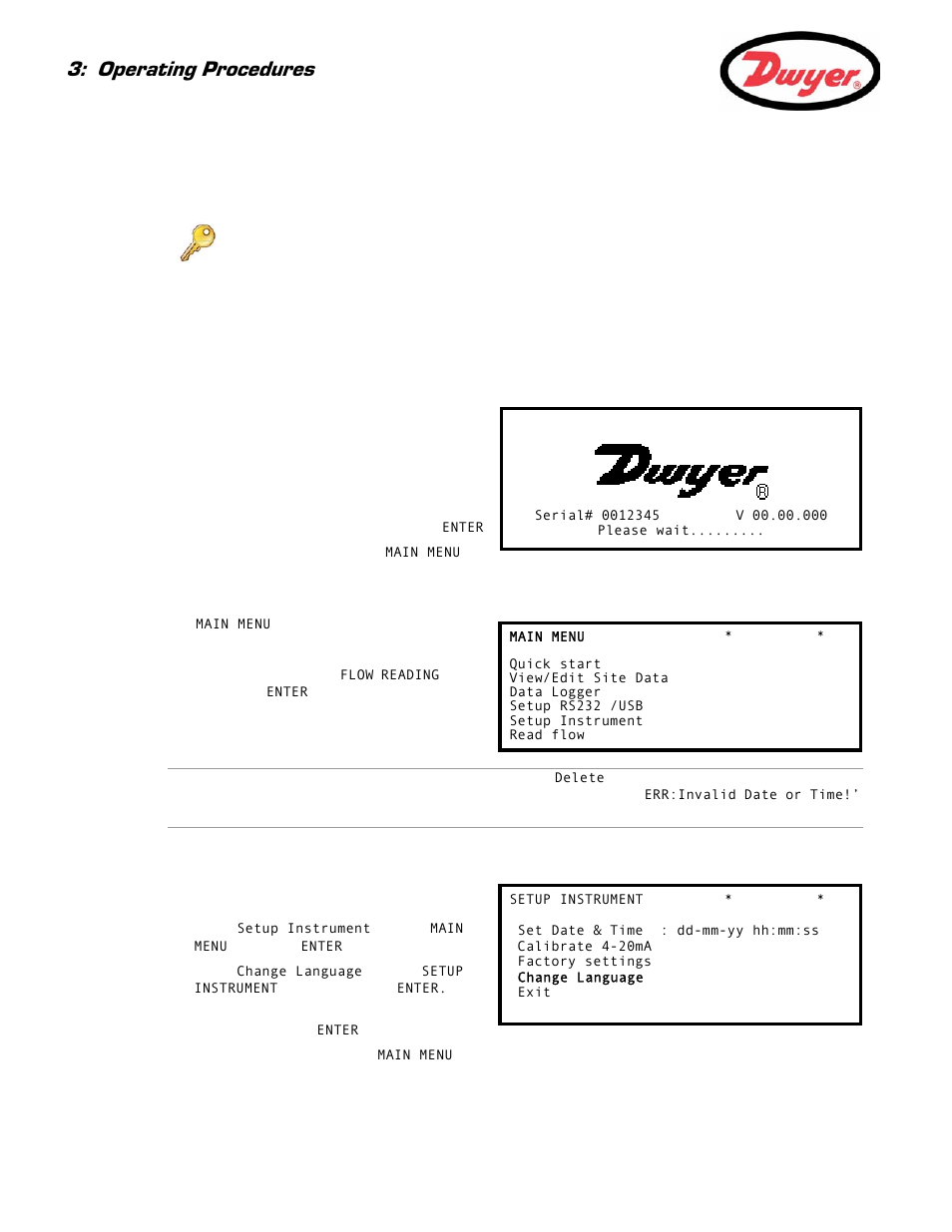 1 setting-up the instrument, 1 using the instrument for the first time, Initial user language selection | The main menu screen, 2 changing the user language, Paragraph 3.1, Operating procedures | Dwyer UFB User Manual | Page 20 / 48