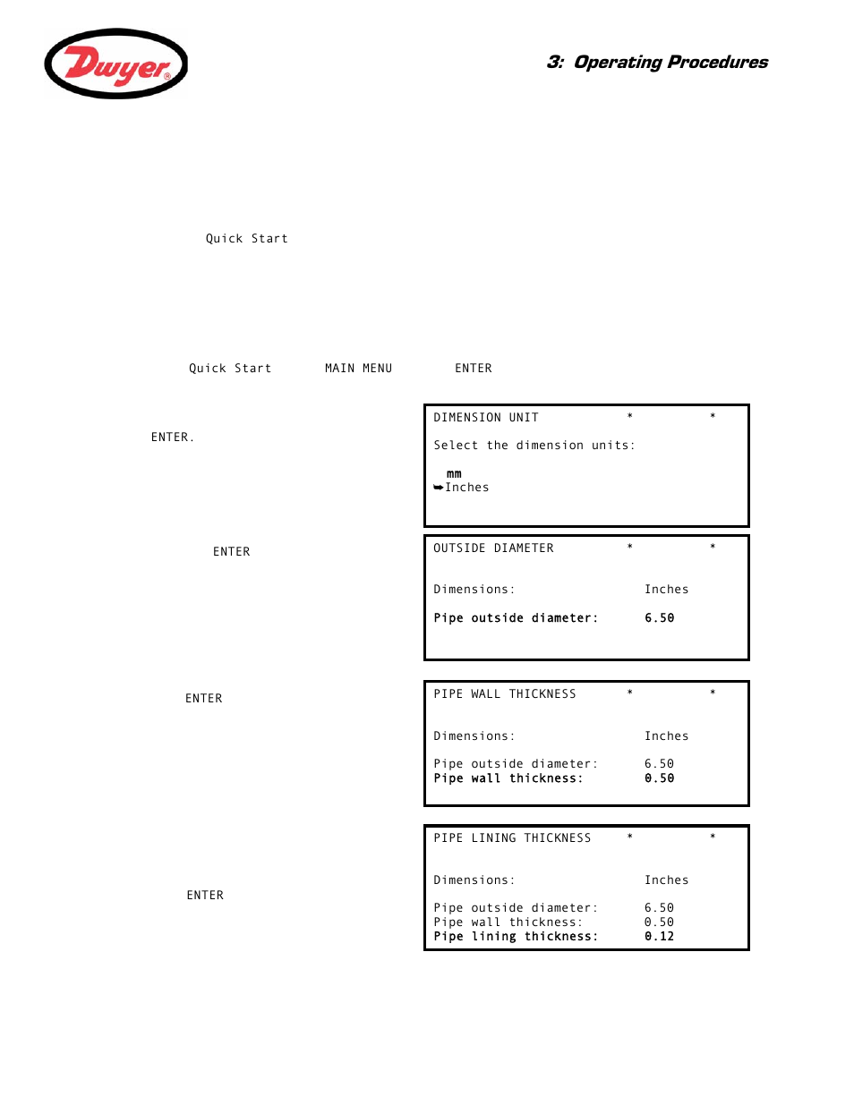 2 using the quick start menu, Entering the site data, Paragra | Instrument setup, Paragraph 3.2, Operating procedures | Dwyer UFB User Manual | Page 21 / 48