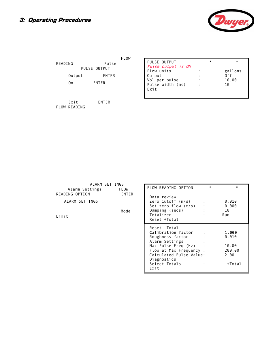 How to turn the pulse output off/on, 3 alarm outputs, Alarm settings selection | Paragraph 3.4.3, Operating procedures | Dwyer UFB User Manual | Page 32 / 48