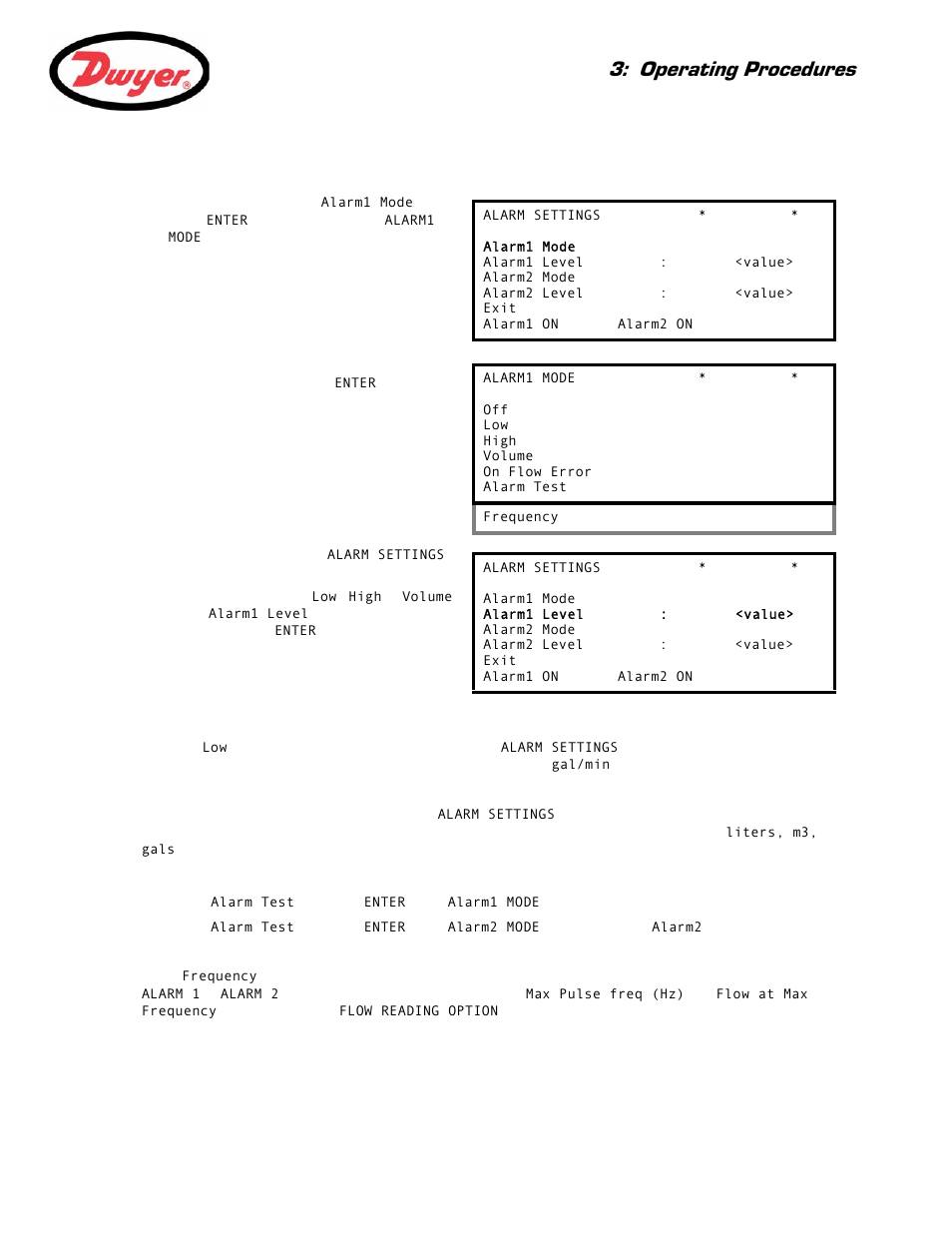 Alarm configuration, Operating procedures | Dwyer UFB User Manual | Page 33 / 48