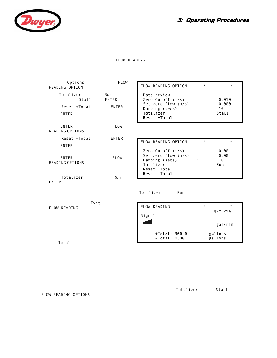 5 how to measure totalized flows (manually), Calculating the average flow, How to stop the totalizer temporarily | Flows – paragraph 3.5, Operating procedures | Dwyer UFB User Manual | Page 35 / 48