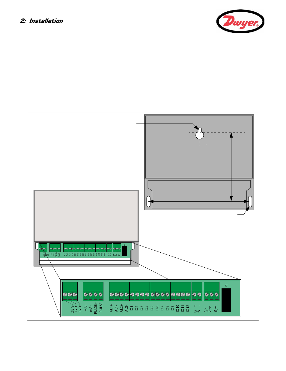 2 mounting the instrument, Installation, Mounting details | Cable connections, 5in 7.8in screw slot keyhole | Dwyer UFC User Manual | Page 12 / 56
