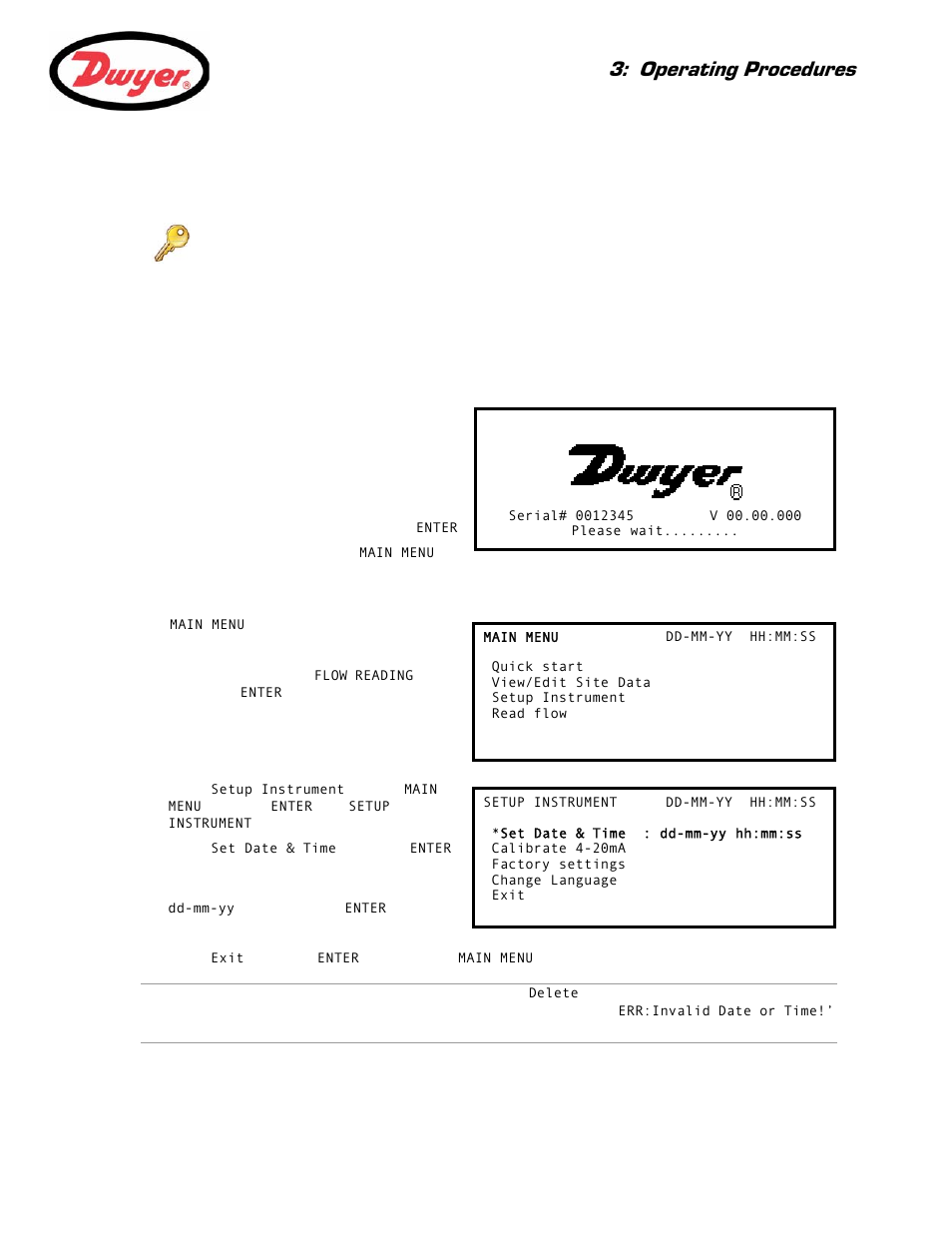 1 setting-up the instrument, 1 using the instrument for the first time, Initial user language selection | The main menu screen, Setting the date & time, Paragraph 3.1, Operating procedures | Dwyer UFC User Manual | Page 21 / 56
