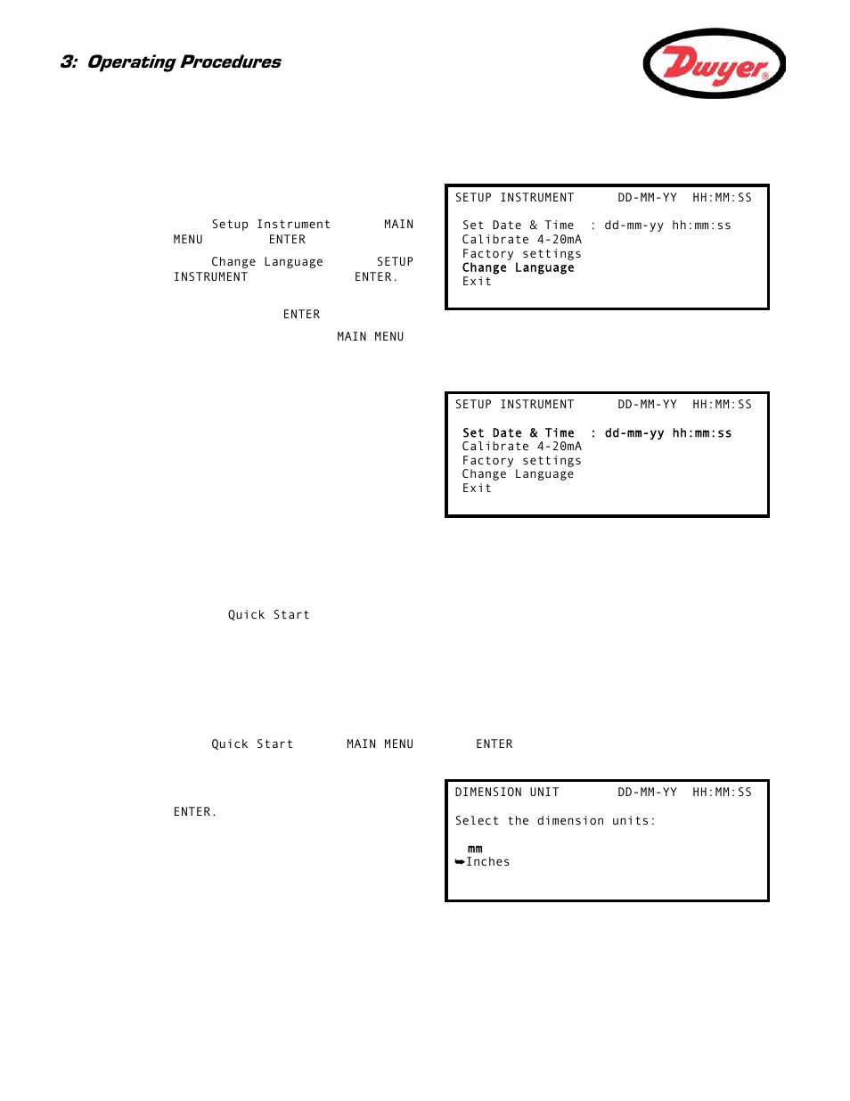 2 changing the user language, 3 changing the date and time, 2 using the quick start menu | Entering the site data, Paragraph 3.2, Ogging, Chapter 4), Operating procedures | Dwyer UFC User Manual | Page 22 / 56