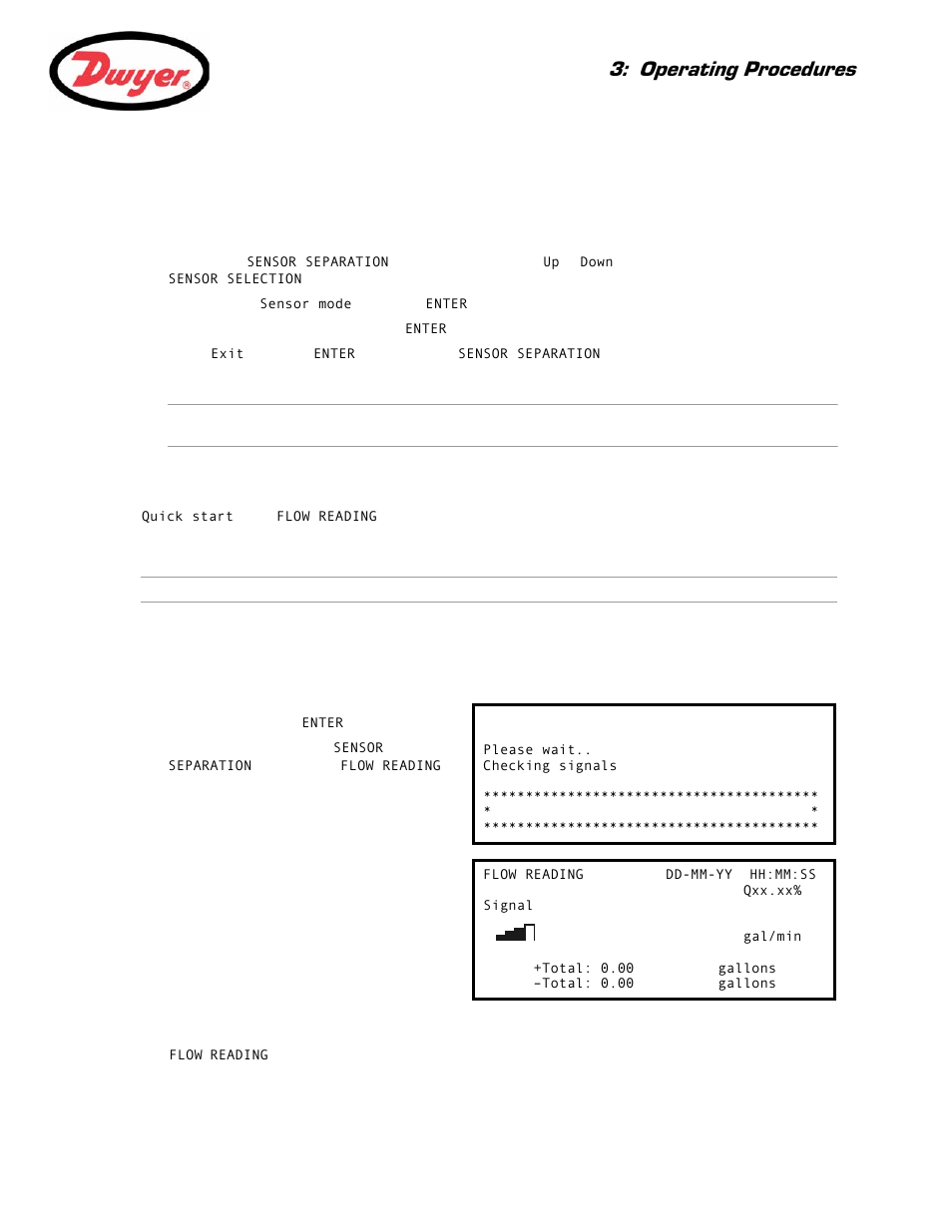 Selecting the operating mode, Password control, Attaching and connecting the transducers | Taking a flow reading, Flow monitoring, Operating procedures | Dwyer UFC User Manual | Page 25 / 56