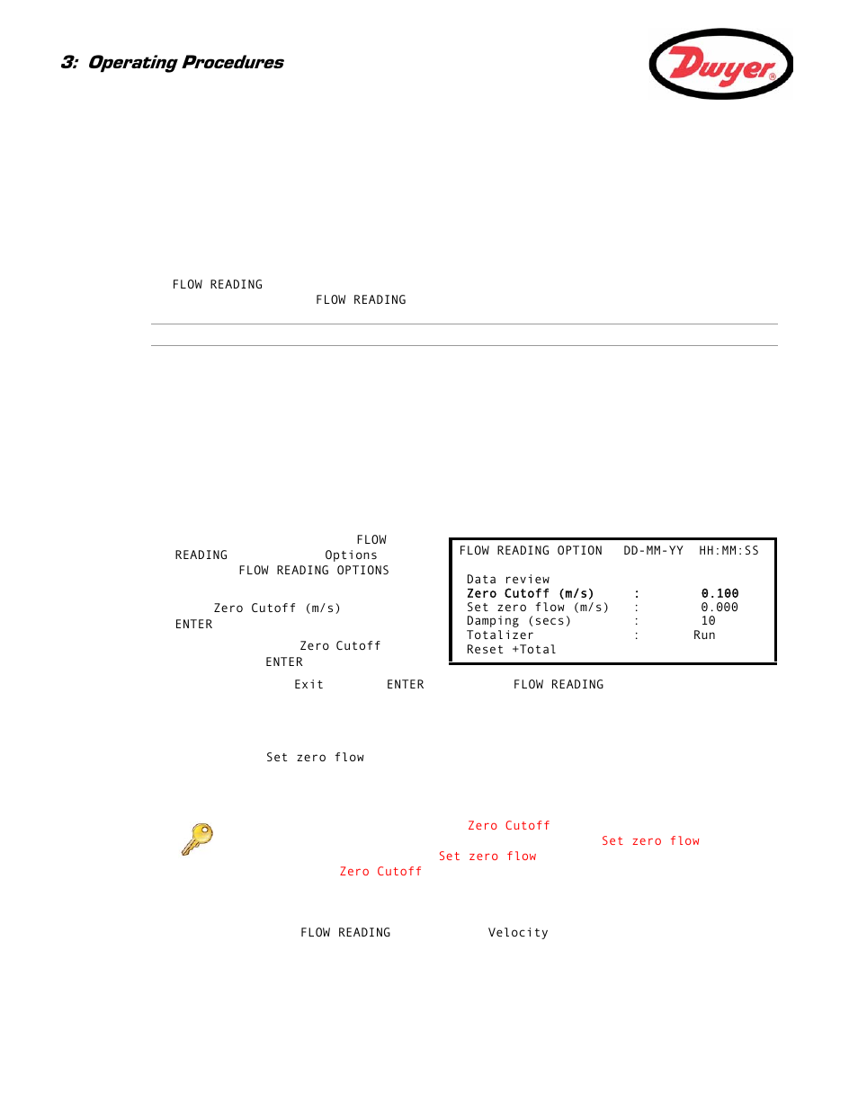 3 instrument calibration, 1 adjusting the zero cut-off, 2 adjusting the set zero flow offset | Paragraph 3.3), Paragraph 3.3.2, Operating procedures | Dwyer UFC User Manual | Page 26 / 56