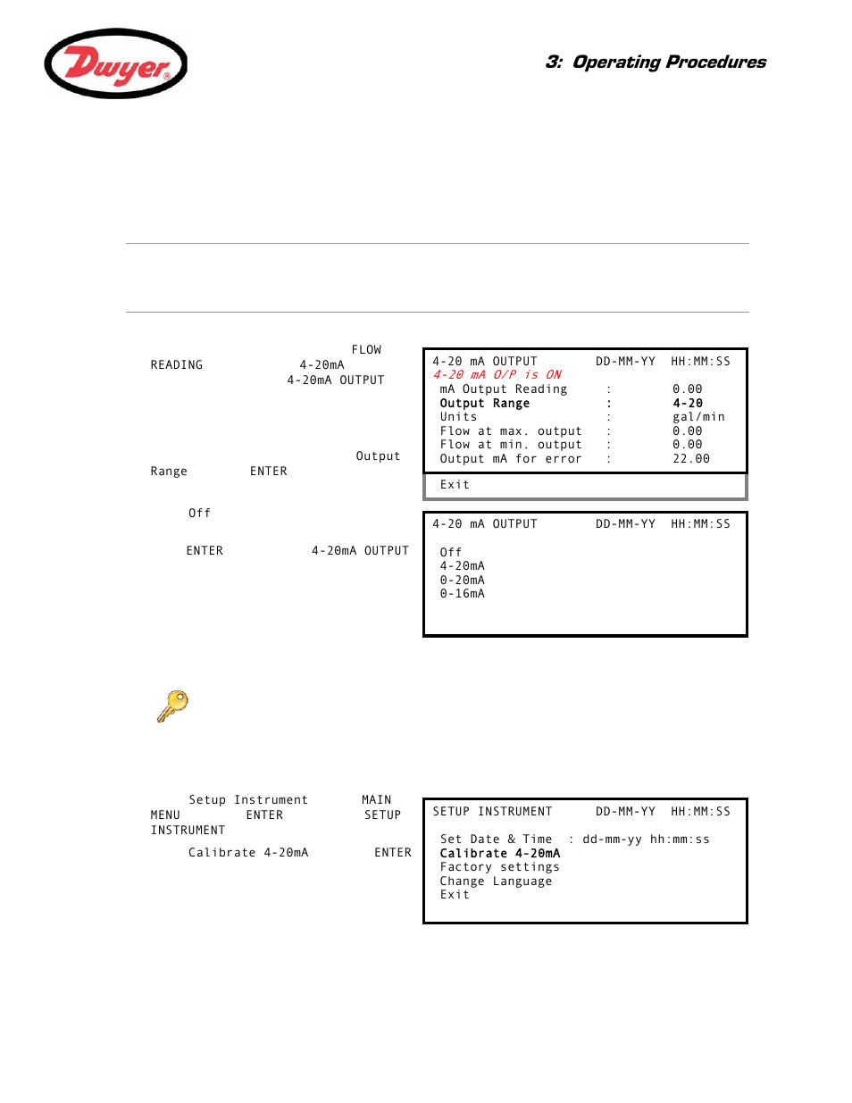4 outputs, 1 current output, How to turn the 4 to 20 ma output off/on | 4 to 20 ma signal calibration and ranging, Signal calibration, 4 outputs 27, Ragraph 3.4), Paragraph 3.4.1, Ration – paragraph 3.4.1, Operating procedures | Dwyer UFC User Manual | Page 31 / 56
