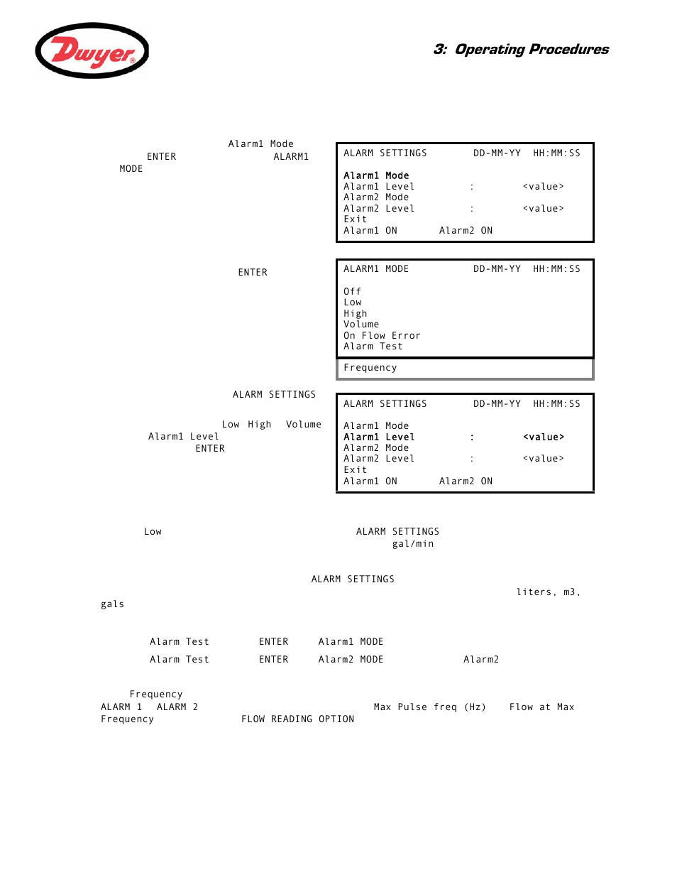 Alarm configuration, Operating procedures | Dwyer UFC User Manual | Page 35 / 56