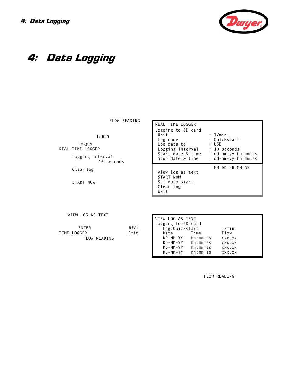 Data logging, Setting up and starting the logging, Monitoring the last four log events as a table | Monitoring the logged events at a later time, G – paragraph 4.1 | Dwyer UFC User Manual | Page 40 / 56