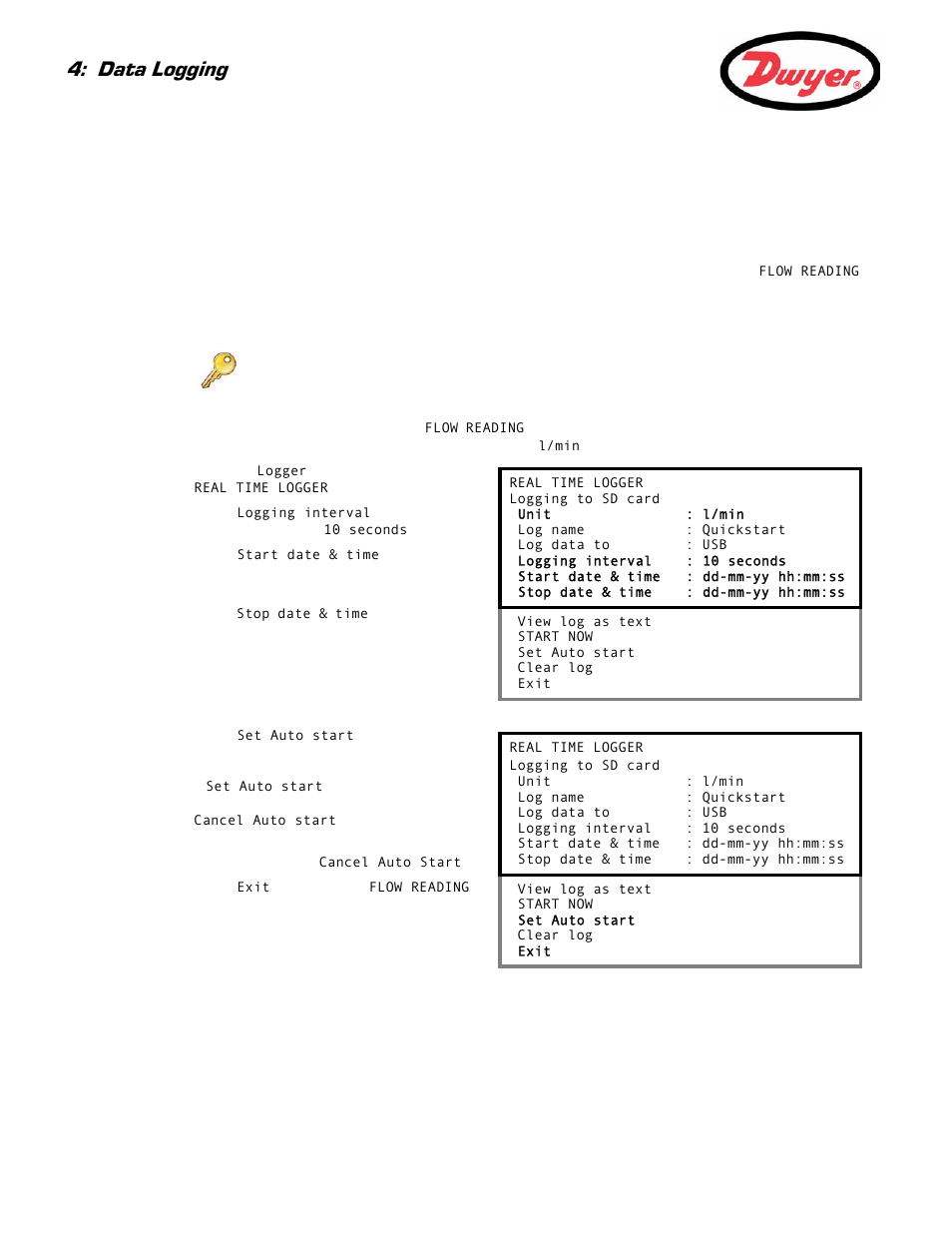 2 how to set up automatic (timed) logging mode, Starting point, Setting up, starting and cancelling auto logging | Paragraph 4.2, Data logging | Dwyer UFC User Manual | Page 42 / 56