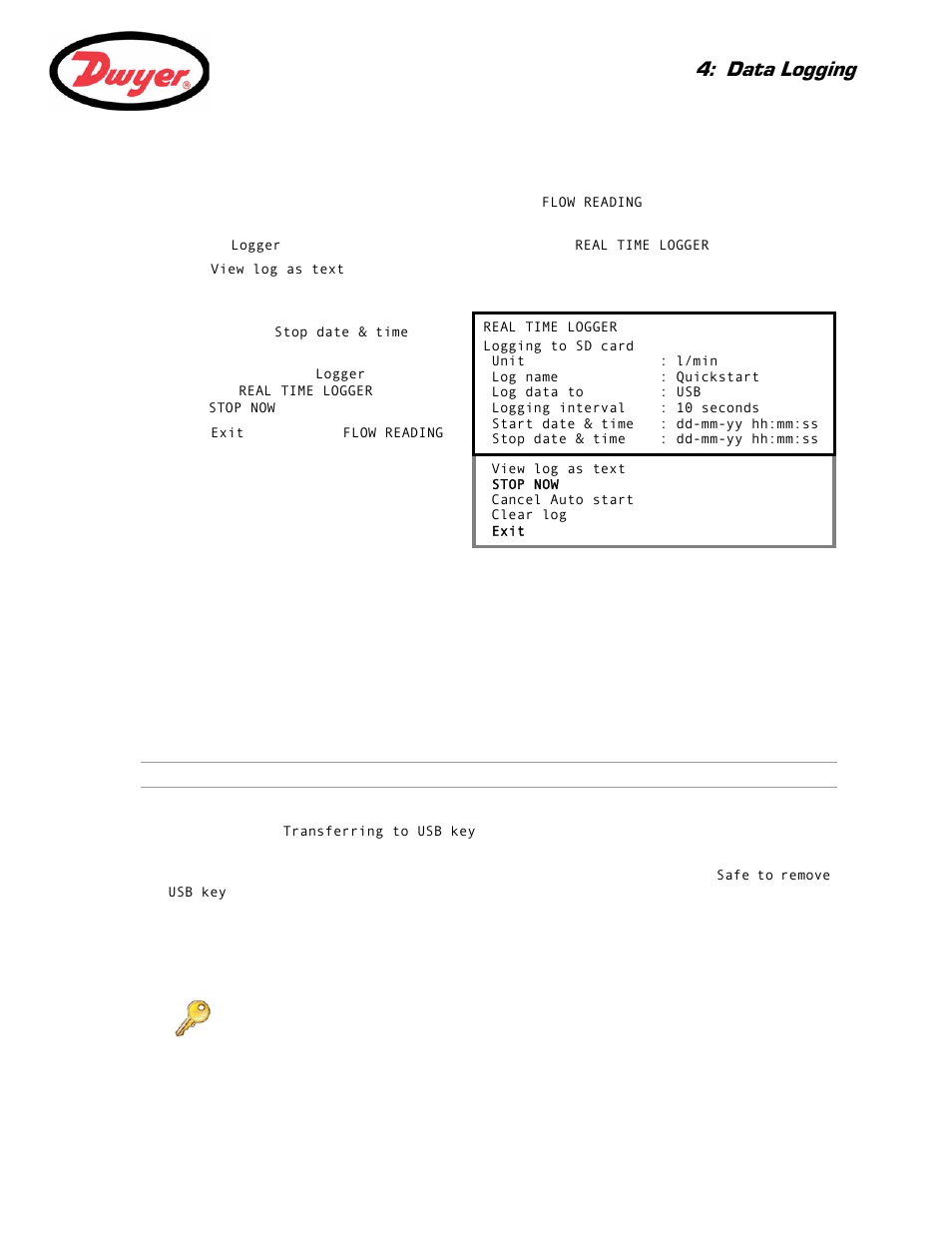 Monitoring the logged events, Manually stopping an auto logging session, 3 how to download logged data | Paragraph 4.3, Data logging | Dwyer UFC User Manual | Page 43 / 56