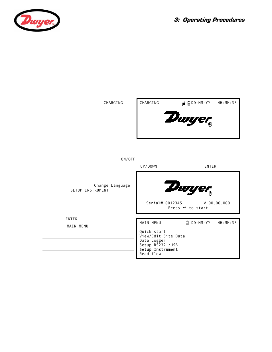 1 setting-up the instrument, 1 using the instrument for the first time, Charging the battery | Selecting a language, Ragraph 3.1), Operating procedures | Dwyer Series PUB User Manual | Page 15 / 44
