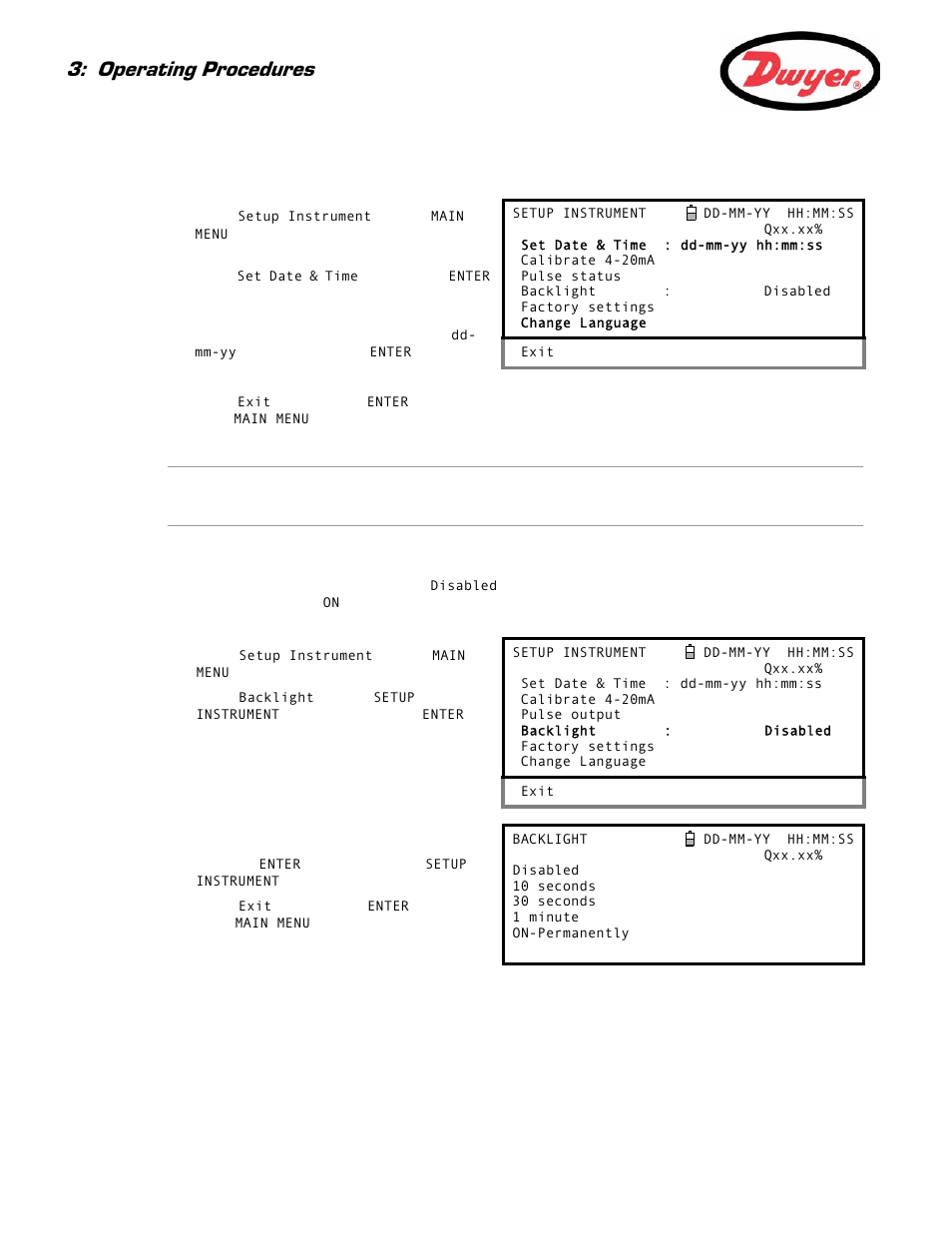 Setting the date & time, 2 enabling/disabling the backlight, Operating procedures | Dwyer Series PUB User Manual | Page 16 / 44