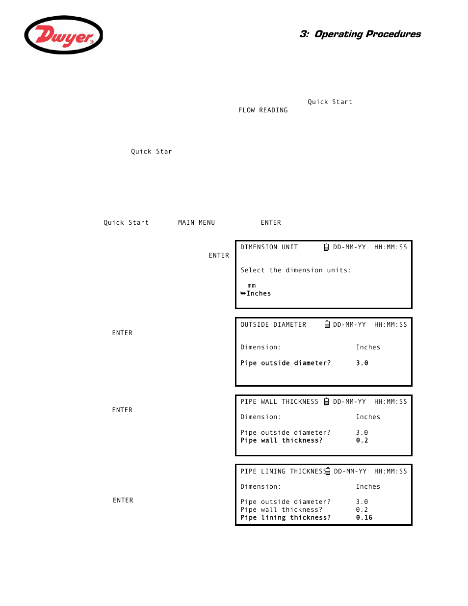 2 using the quick start menu, Entering the site data, Paragraph 3.2) | Paragra, Paragrap, Operating procedures | Dwyer Series PUB User Manual | Page 17 / 44