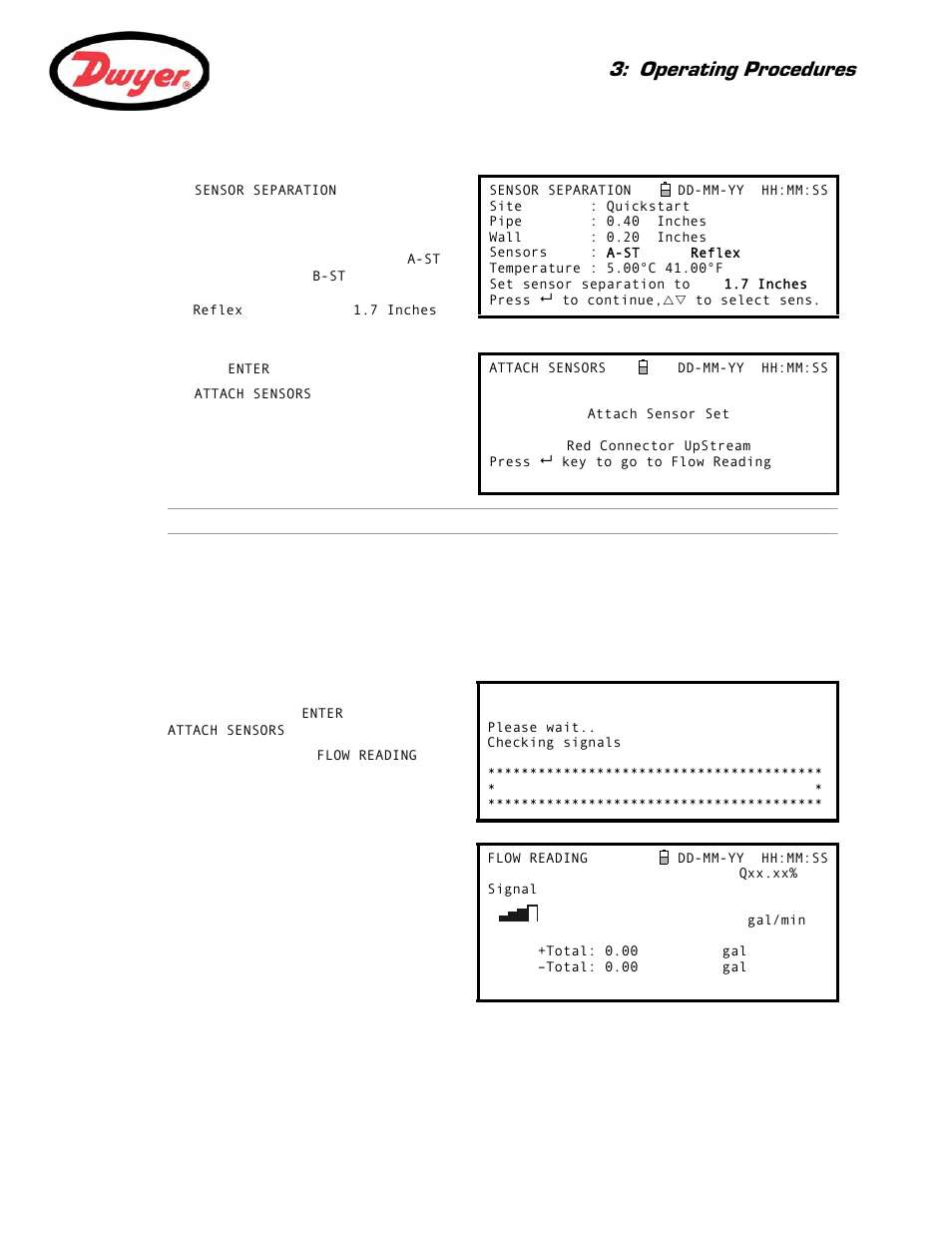 Attaching and connecting the transducers, Taking a flow reading, Operating procedures | Dwyer Series PUB User Manual | Page 19 / 44