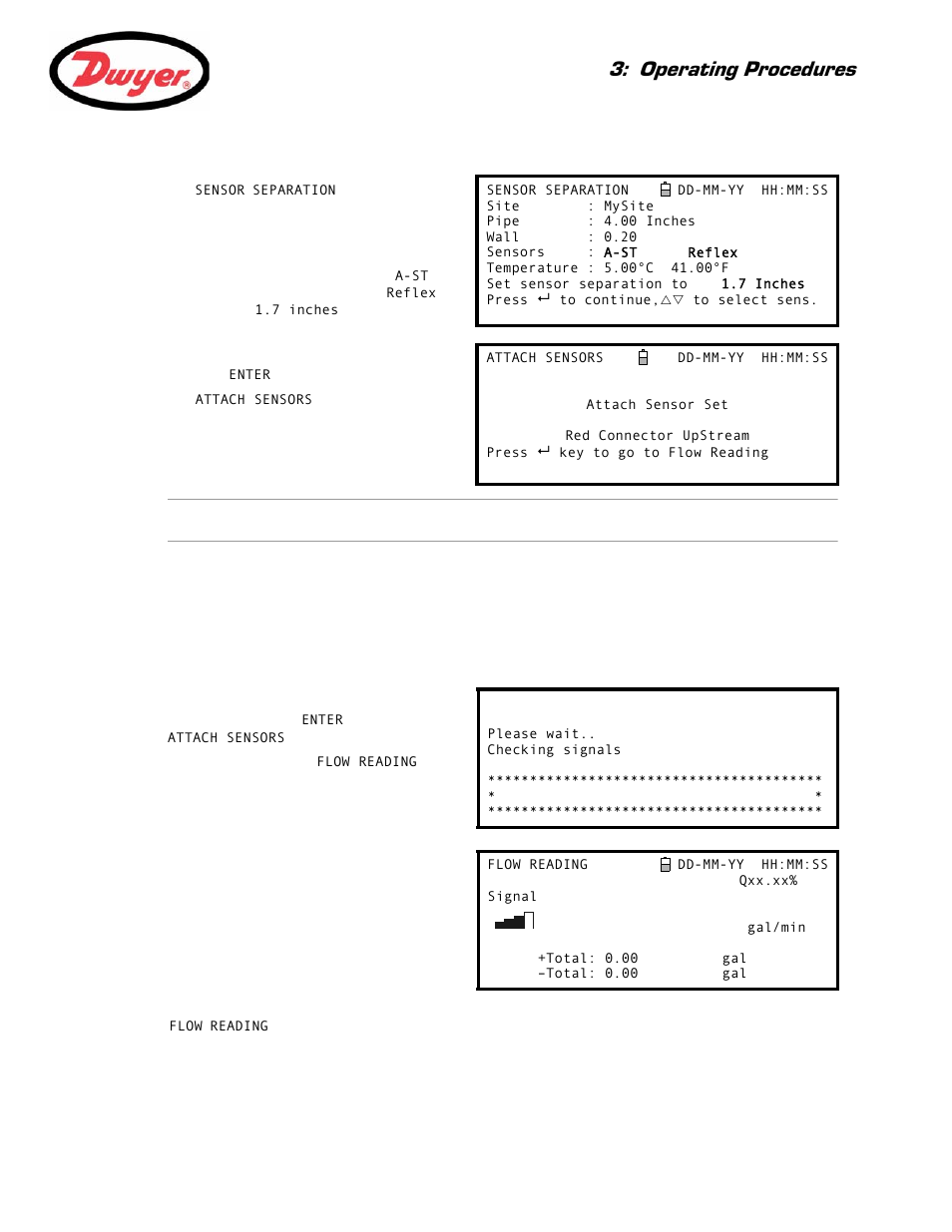 Attaching and connecting the transducers, Taking a flow reading, Flow monitoring | Operating procedures | Dwyer Series PUB User Manual | Page 21 / 44