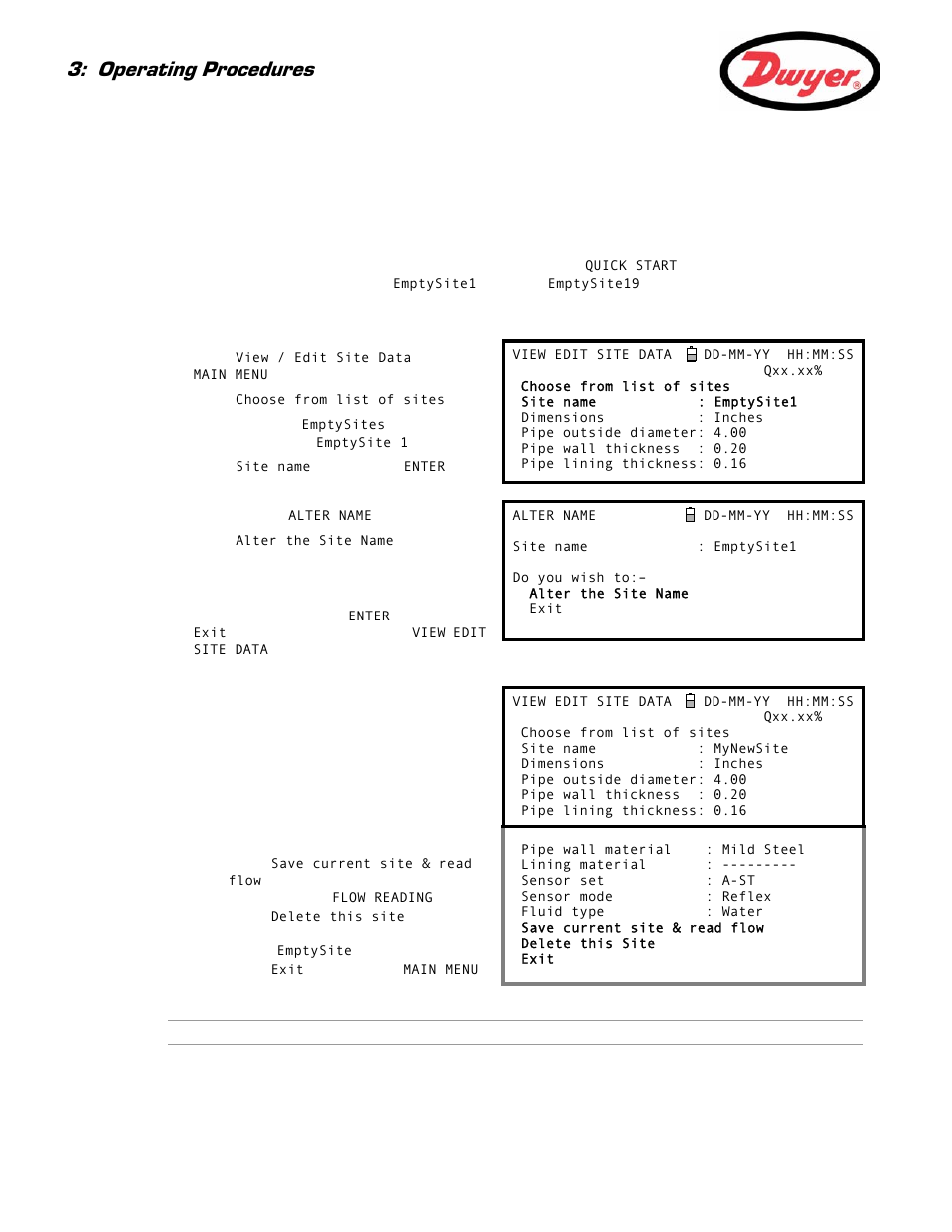 4 managing named sites, 1 setting up a new site, Agraph 3.4) | Operating procedures | Dwyer Series PUB User Manual | Page 22 / 44