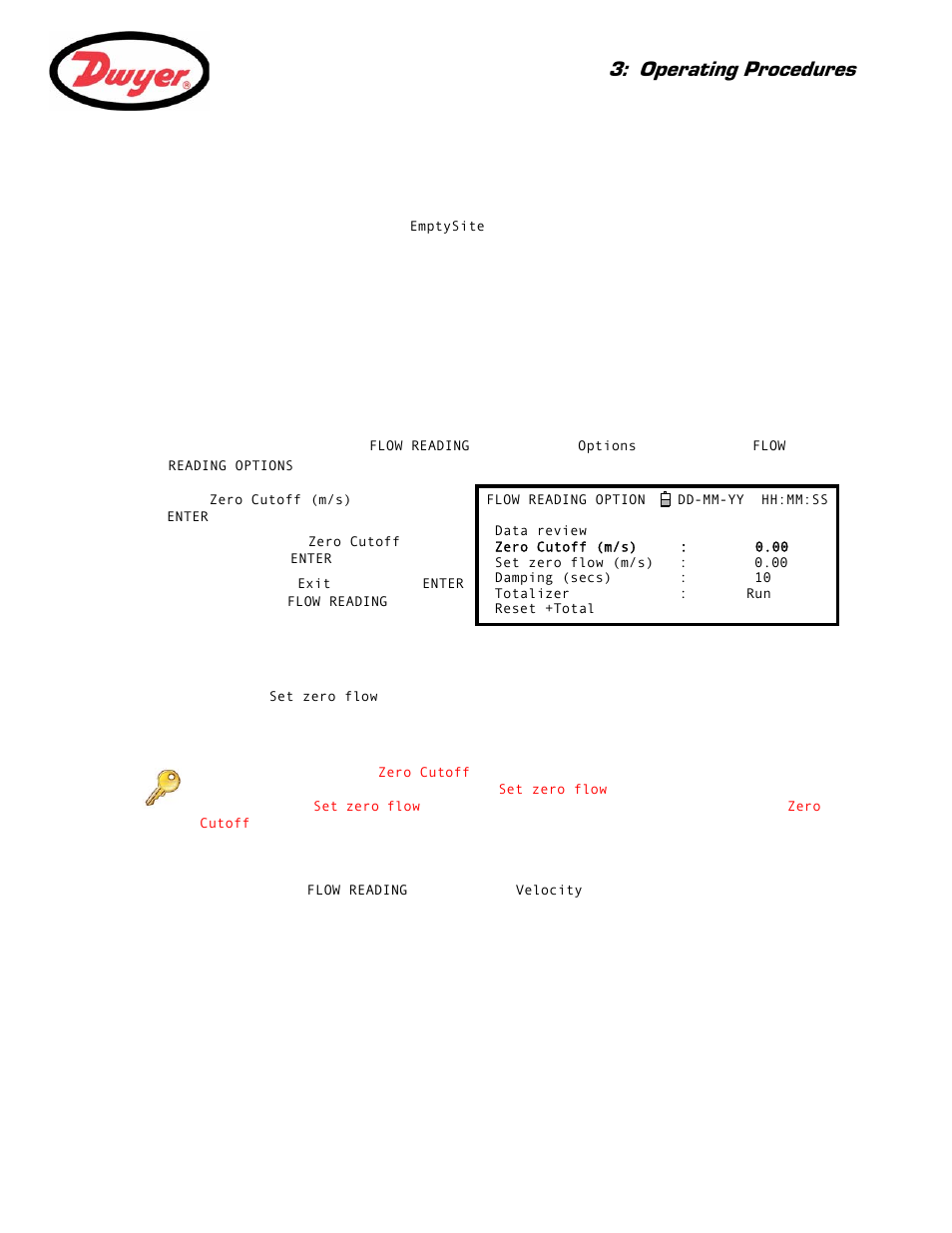 2 changing a site name, 5 instrument calibration, 1 adjusting the zero cut-off | 2 adjusting the set zero flow offset, H 3.5), Paragraph 3.5.2, Operating procedures | Dwyer Series PUB User Manual | Page 23 / 44