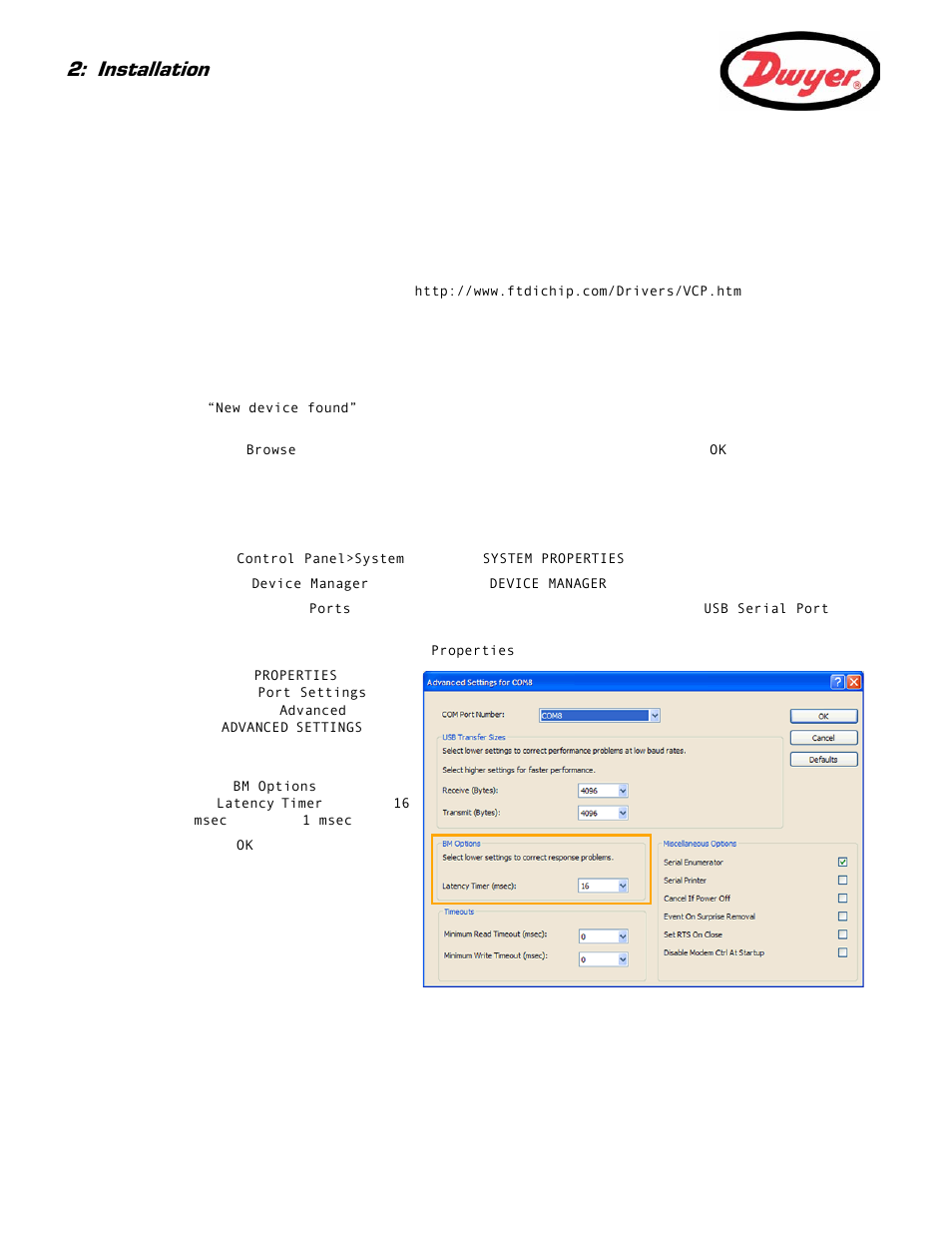 3 installing the usb virtual com. port, Installation | Dwyer Series PUF User Manual | Page 14 / 57