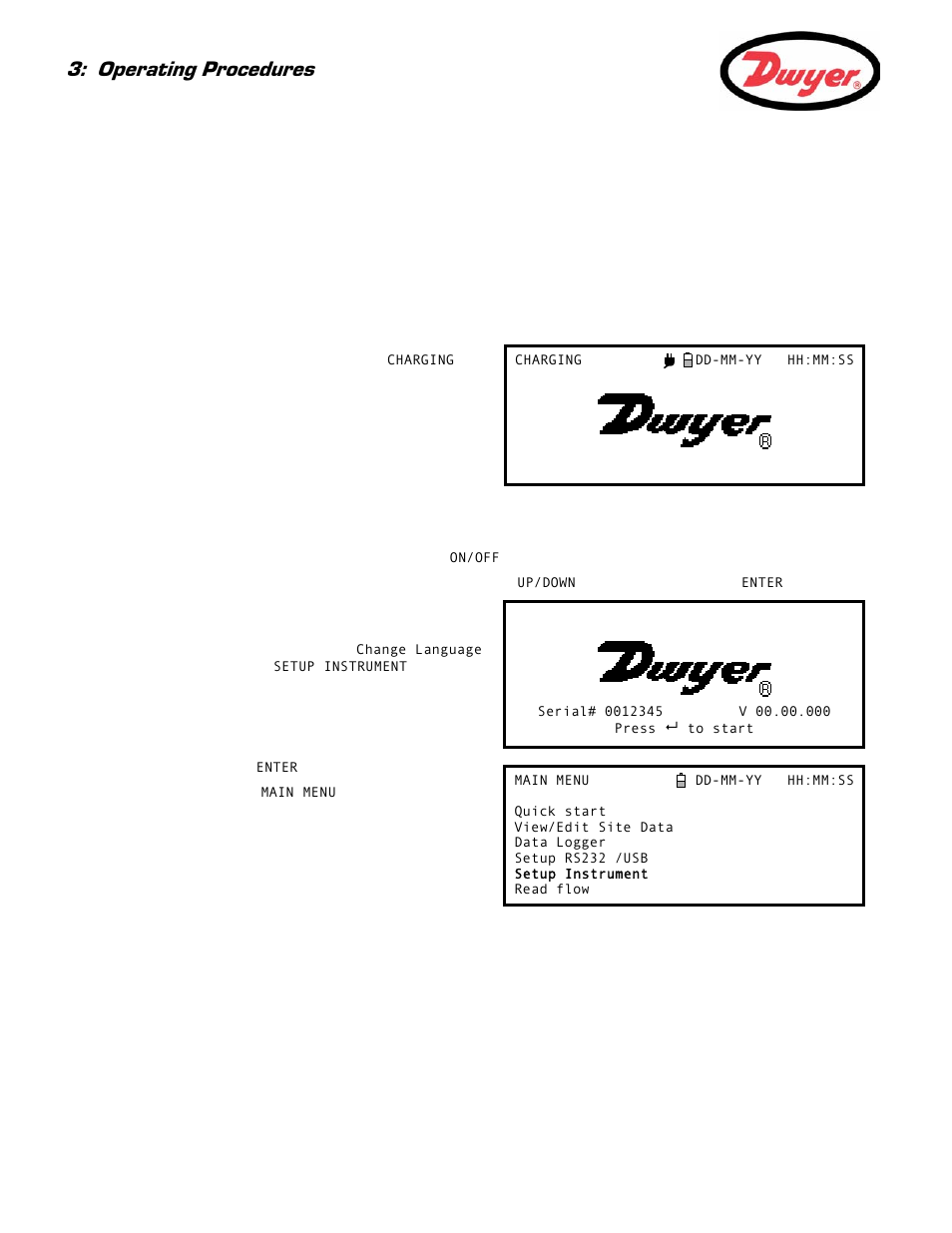 1 setting-up the instrument, 1 using the instrument for the first time, Charging the battery | Selecting a language, Paragraph 3.1), Operating procedures | Dwyer Series PUF User Manual | Page 16 / 57