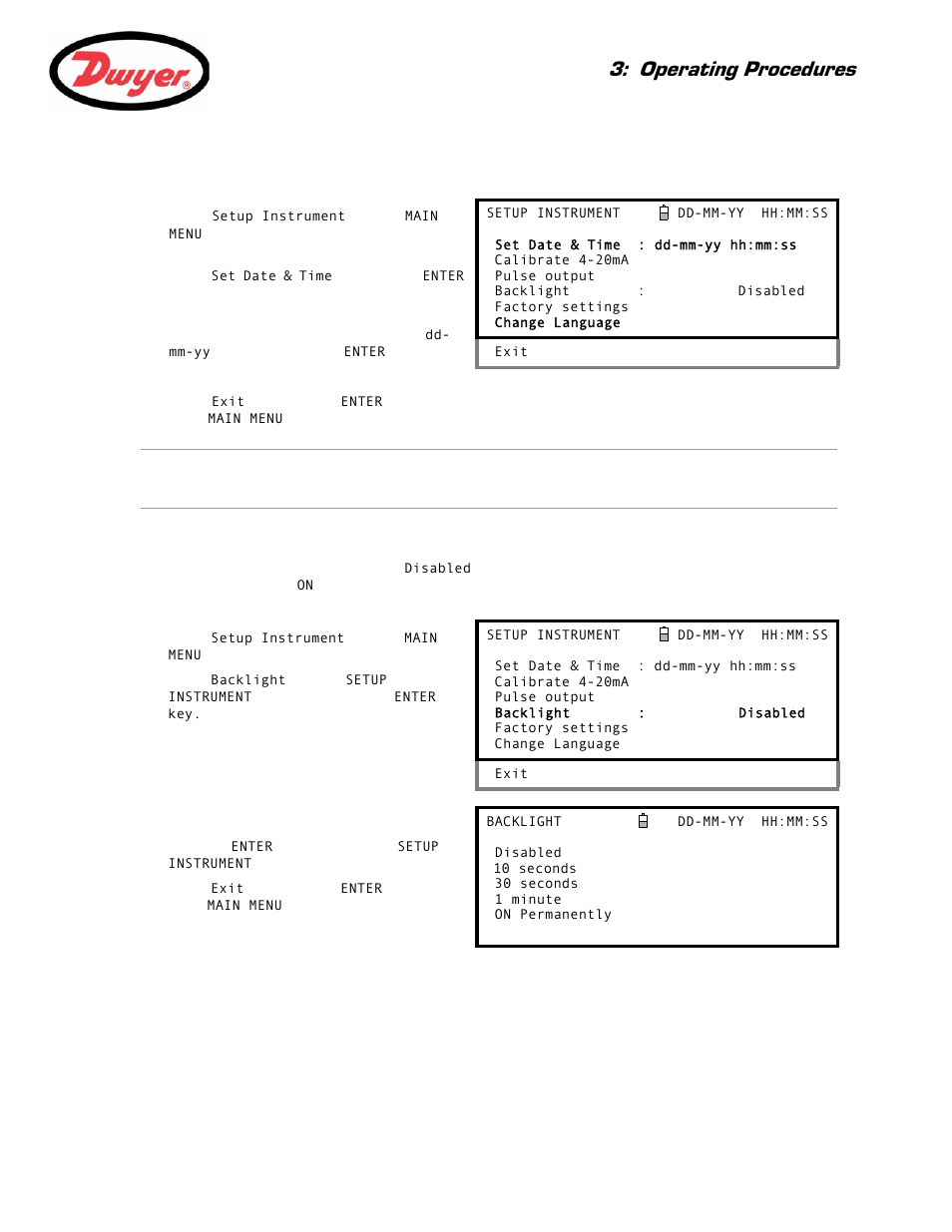 Setting the date & time, 2 enabling/disabling the backlight, Operating procedures | Dwyer Series PUF User Manual | Page 17 / 57