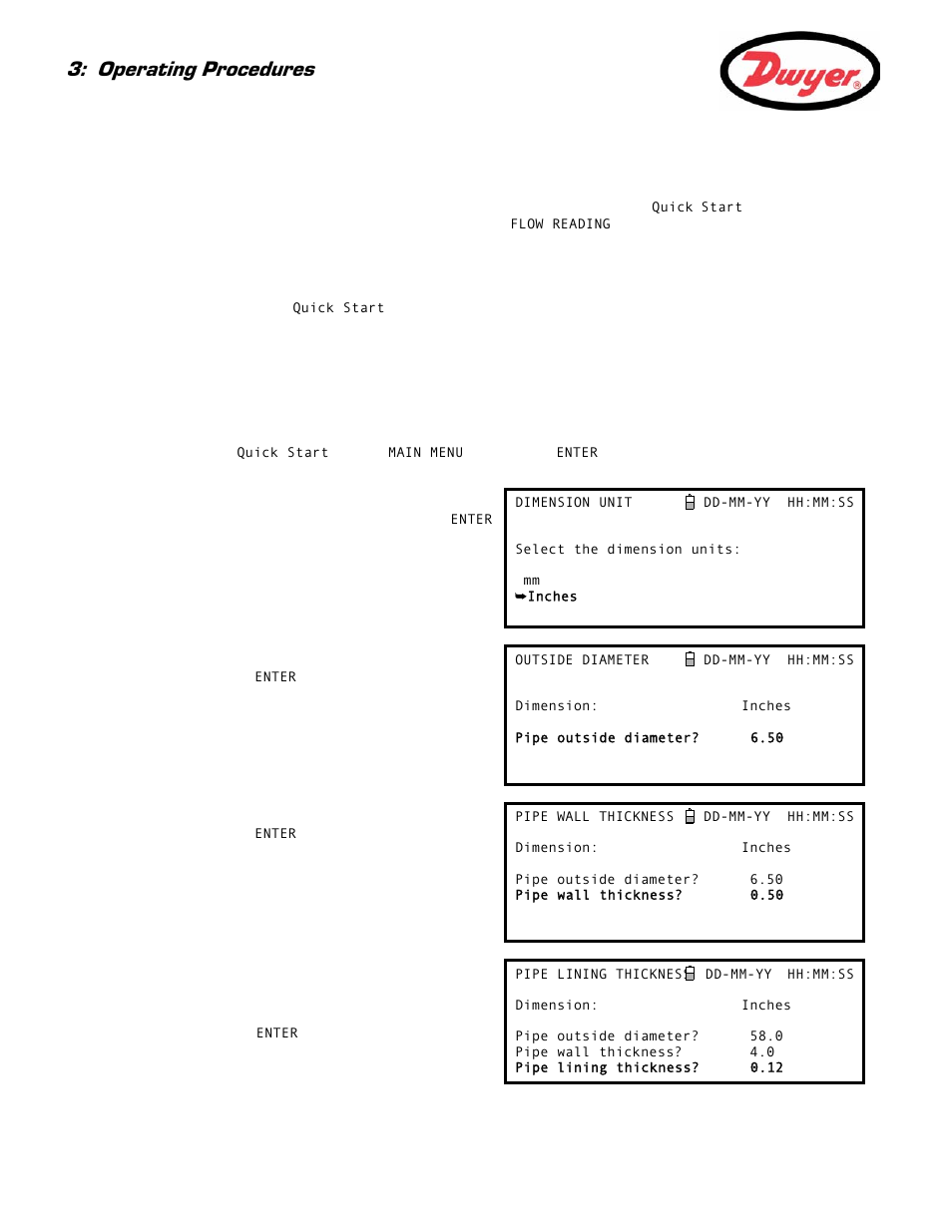 2 using the quick start menu, Entering the site data, Paragraph 3.2) | Paragra, Para, Parag, Operating procedures | Dwyer Series PUF User Manual | Page 18 / 57