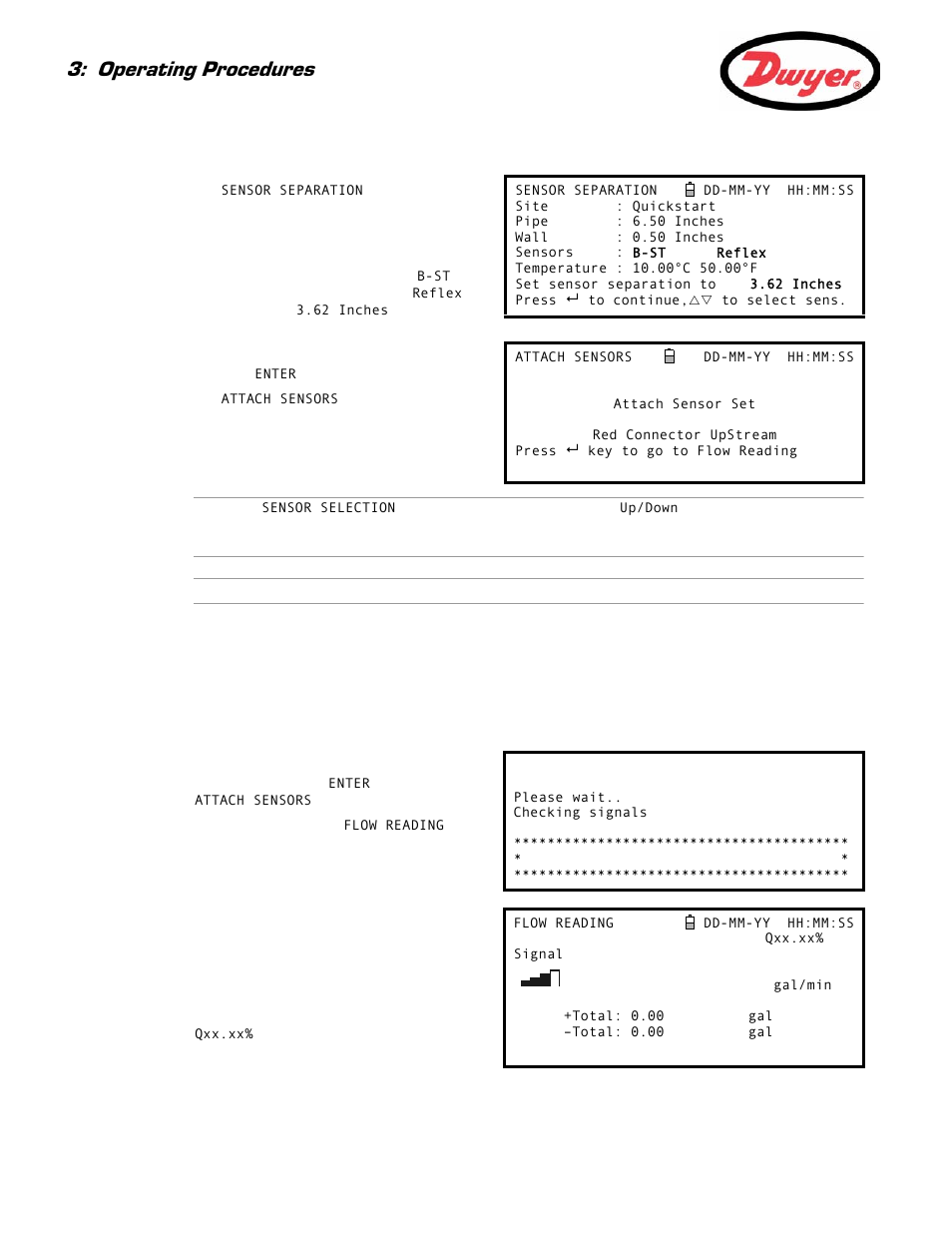 Attaching and connecting the transducers, Taking a flow reading, Operating procedures | Dwyer Series PUF User Manual | Page 20 / 57