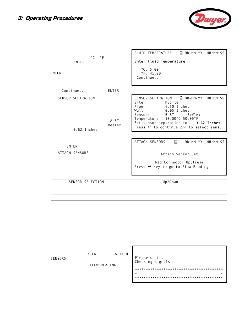 Attaching and connecting the transducers, Taking a flow reading, Operating procedures | Dwyer Series PUF User Manual | Page 22 / 57