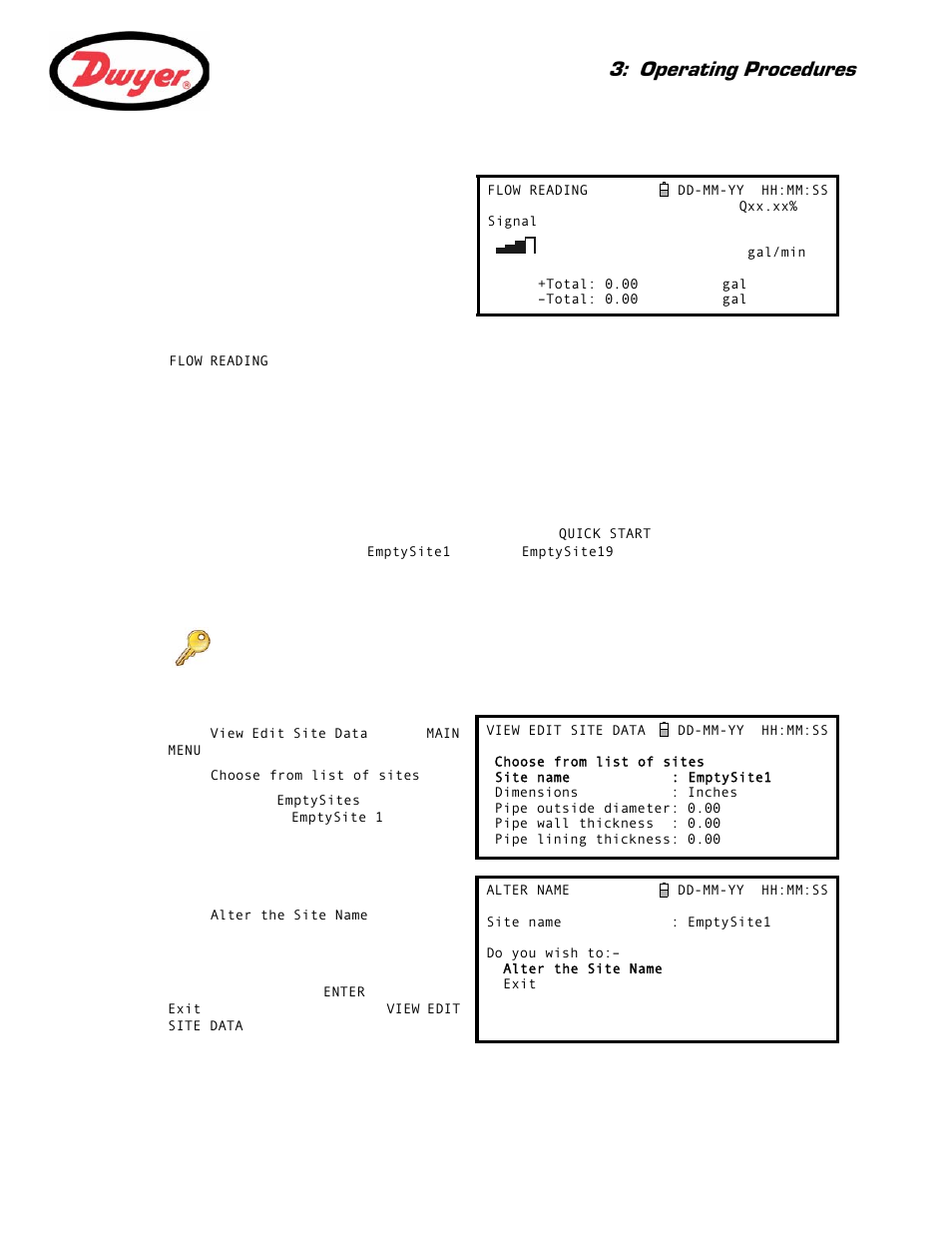 Flow monitoring, 4 managing named sites, 1 setting up a new site | Graph 3.4), Operating procedures | Dwyer Series PUF User Manual | Page 23 / 57