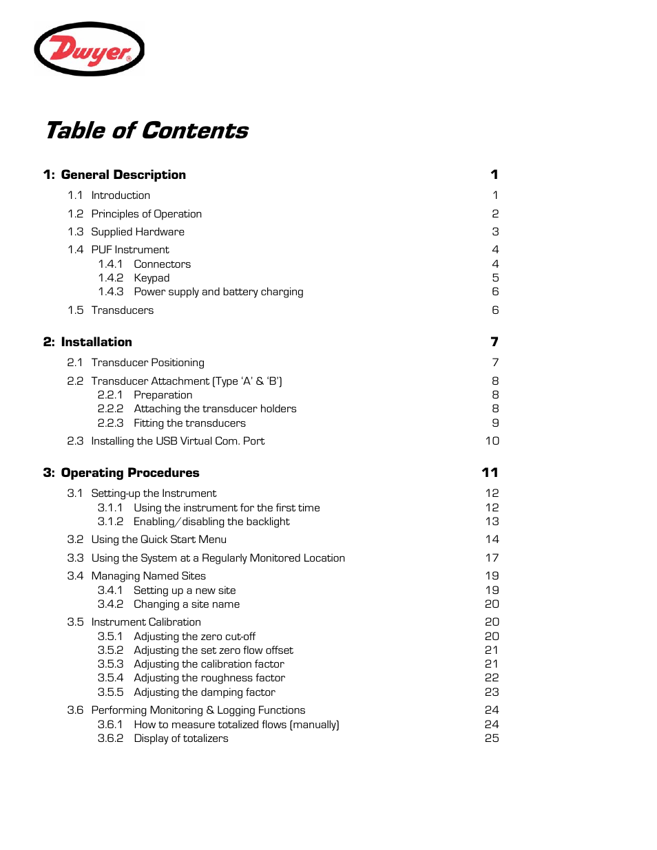 T able of contents | Dwyer Series PUF User Manual | Page 3 / 57
