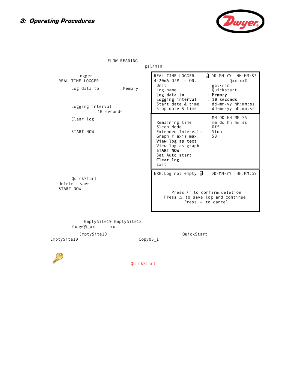 Setting up and starting the logging, Operating procedures | Dwyer Series PUF User Manual | Page 30 / 57