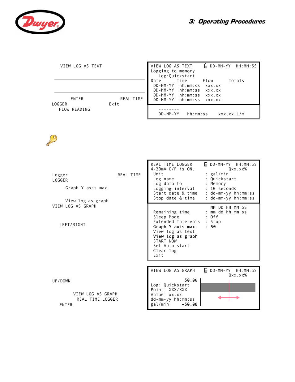 View log as text, View log as a graphic, Operating procedures | Dwyer Series PUF User Manual | Page 31 / 57