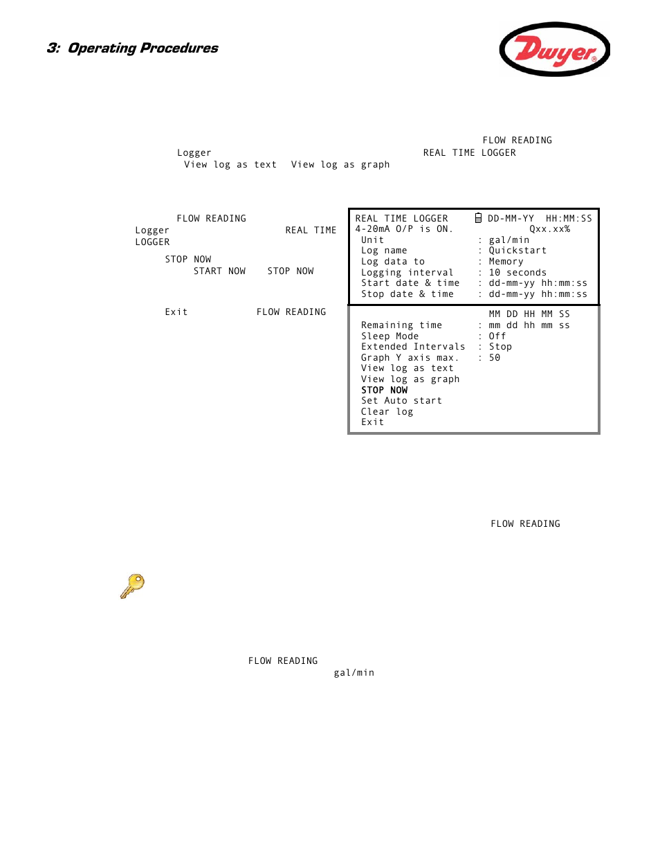 Monitoring the logged events at a later time, Stop logging, 4 how to set up automatic (timed) logging mode | Starting point, Setting up, starting and cancelling auto logging, Ng – paragraph 3.6.4, Operating procedures | Dwyer Series PUF User Manual | Page 32 / 57