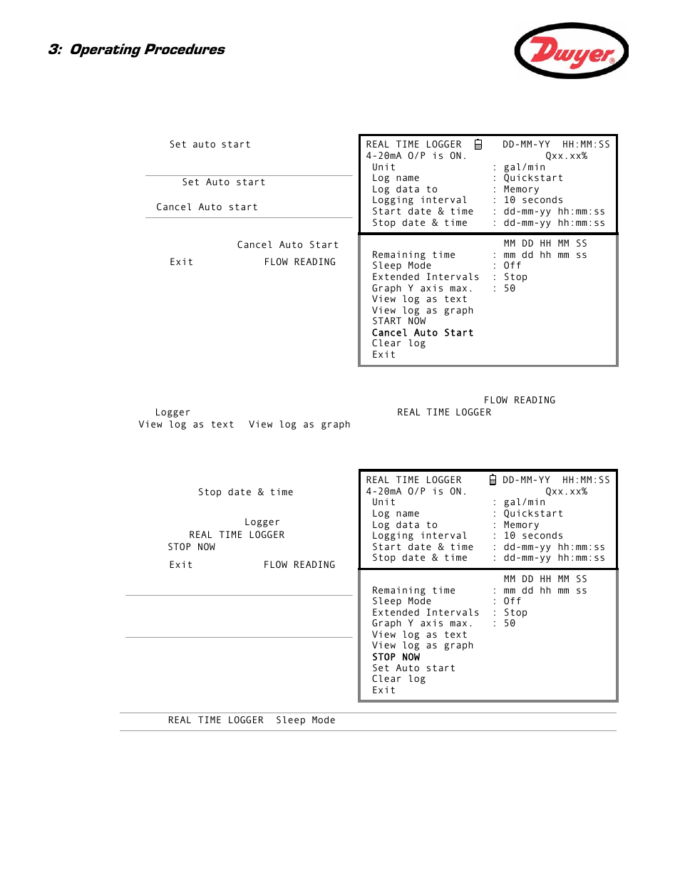 Monitoring the logged events, Manually stopping the auto logging session, Operating procedures | Dwyer Series PUF User Manual | Page 34 / 57