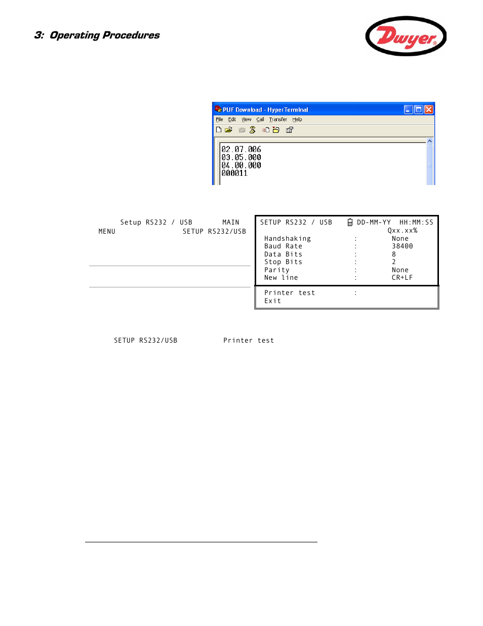Configuring the puf instrument, Testing the rs232 connection, 2 how to set-up a usb connection | 3 working with portagraph iii, Paragraph 3.7.2, Operating procedures | Dwyer Series PUF User Manual | Page 38 / 57
