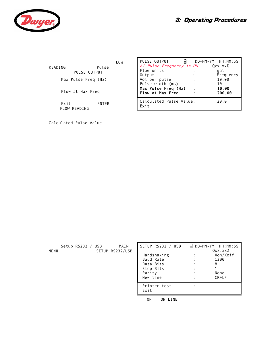 Calibrating the pulse frequency range, 9 printing, 1 how to print logged data using the rs232 printer | Setting up an rs232 connection, 9 printing 39, Paragraph 3.9, Operating procedures | Dwyer Series PUF User Manual | Page 43 / 57