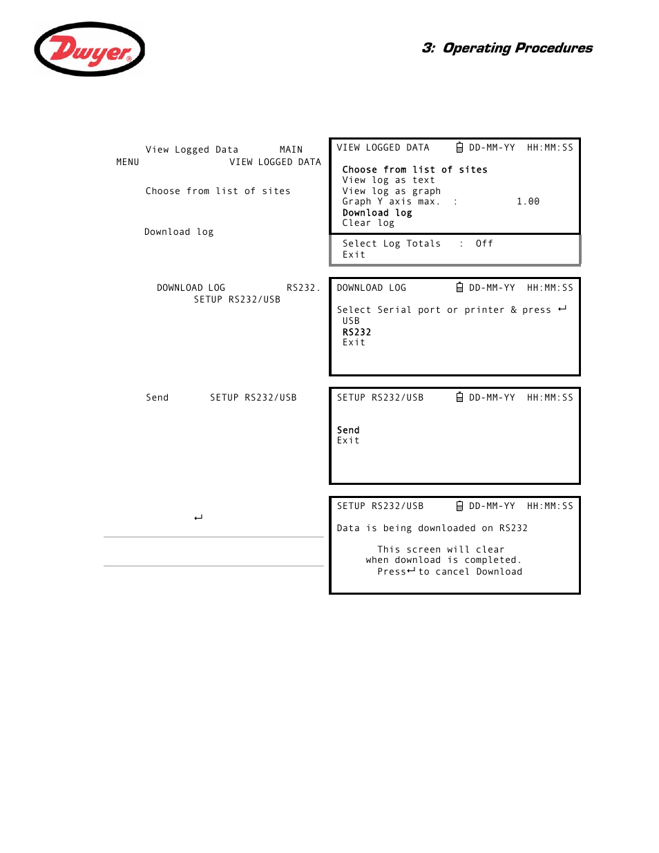 Printing logged data, Operating procedures | Dwyer Series PUF User Manual | Page 45 / 57