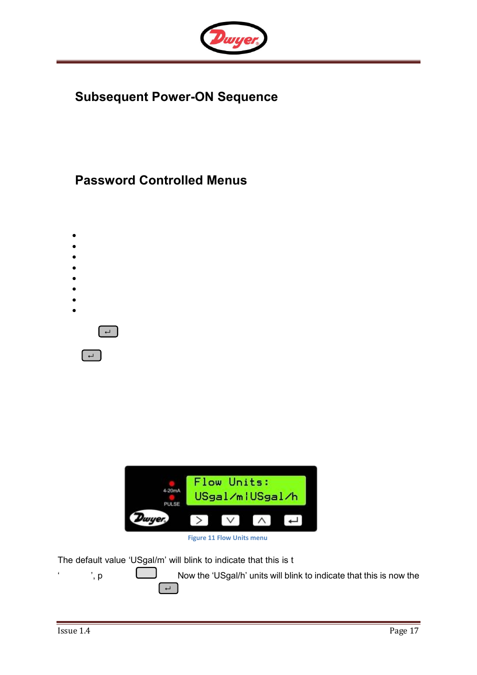 Subsequent power-on sequence, Password controlled menus, General procedure for changing menu settings | Selection menus, F - ufm, 6subsequent power-on sequence, 7password controlled menus, 1 general procedure for changing menu settings | Dwyer UFM User Manual | Page 17 / 28