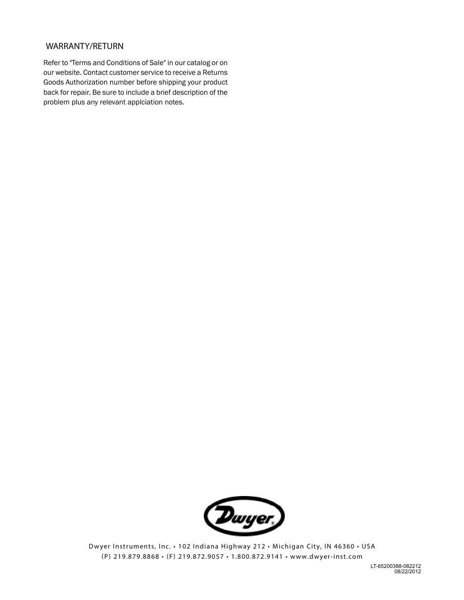 Warranty/return | Dwyer PDWS User Manual | Page 7 / 7