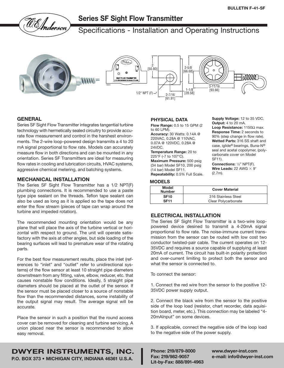 Dwyer SF User Manual | 2 pages