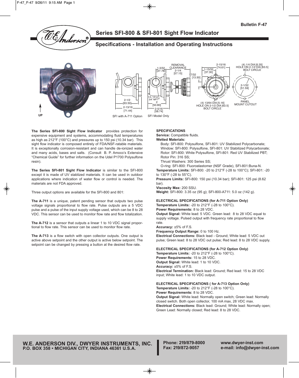 Dwyer SFI-801 User Manual | 4 pages