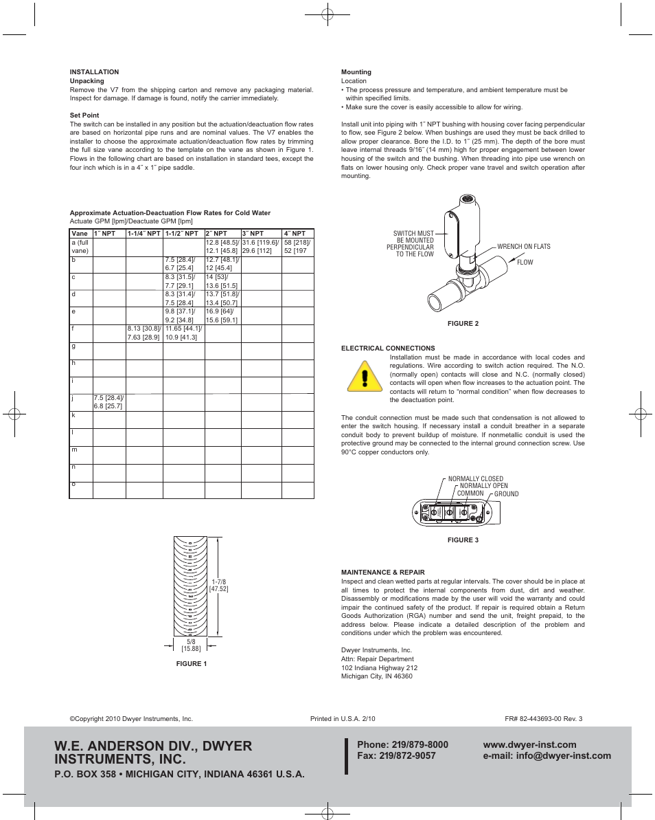 W.e. anderson div., dwyer instruments, inc | Dwyer V7 User Manual | Page 2 / 2
