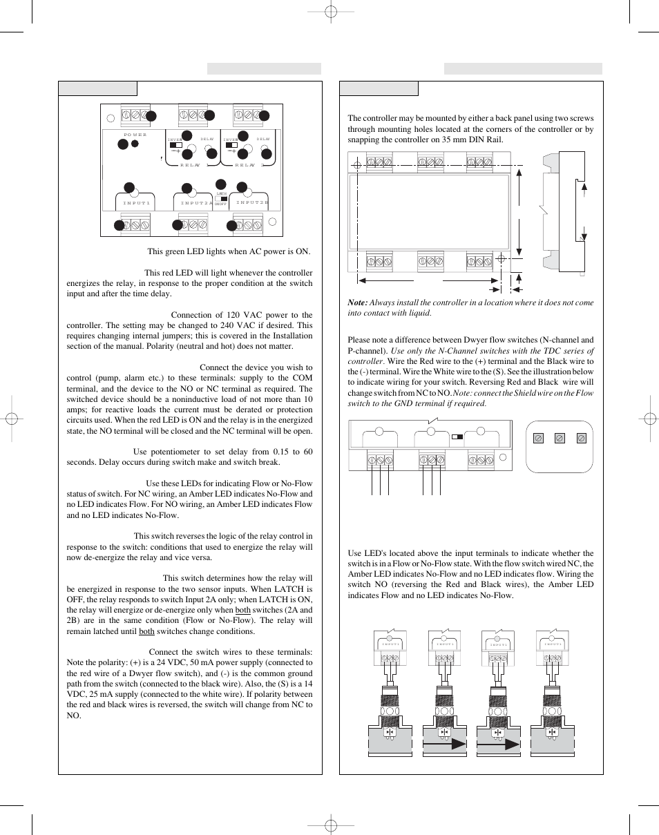 Tdc_iom 2, Installation guide to controls, Step three step four | Panel din rail mounting, Connecting switches to input terminals, Led indication | Dwyer TDC User Manual | Page 3 / 4