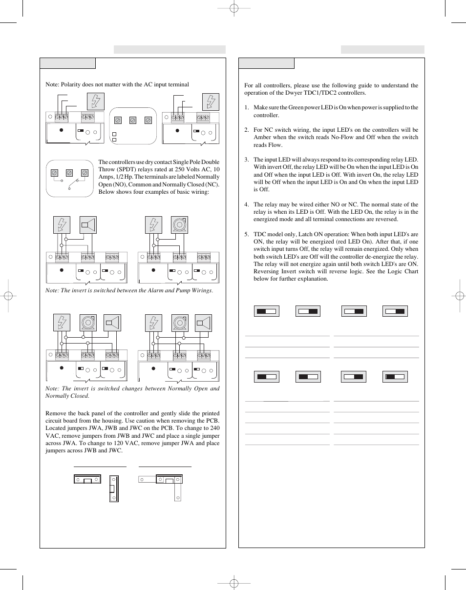 Tdc_iom 3, Installation troubleshooting, Step five step six | Vac power input wiring, Controller logic, Relay input wiring, Invert off, Invert on, Latch off, Latch on | Dwyer TDC User Manual | Page 4 / 4